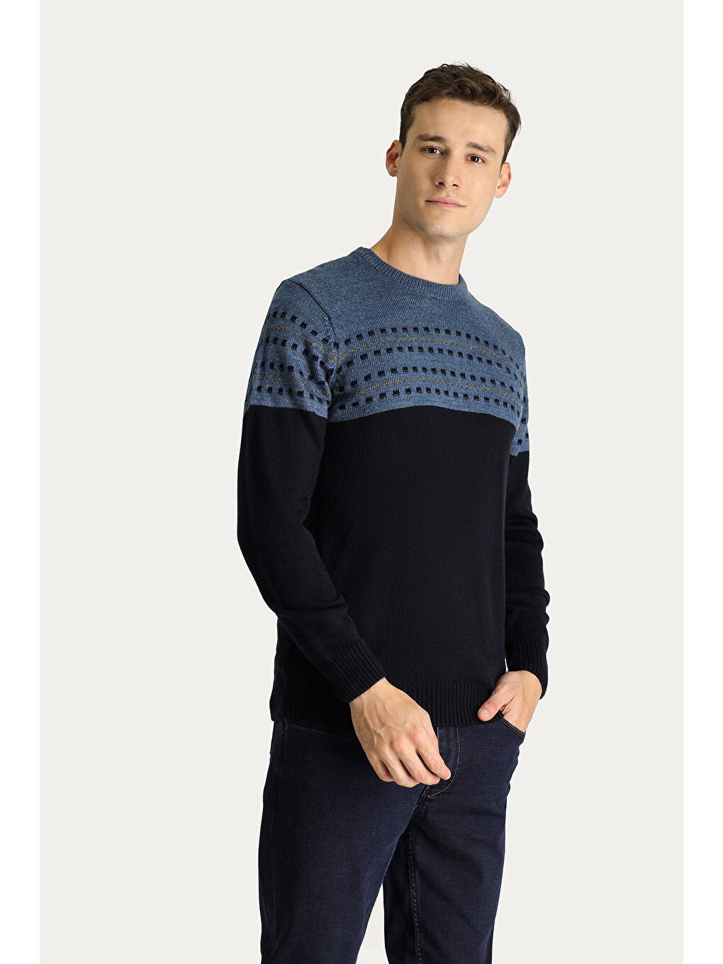 Lacivert Bisiklet Yaka Slim Fit Dar Kesim Desenli Triko Kazak-2