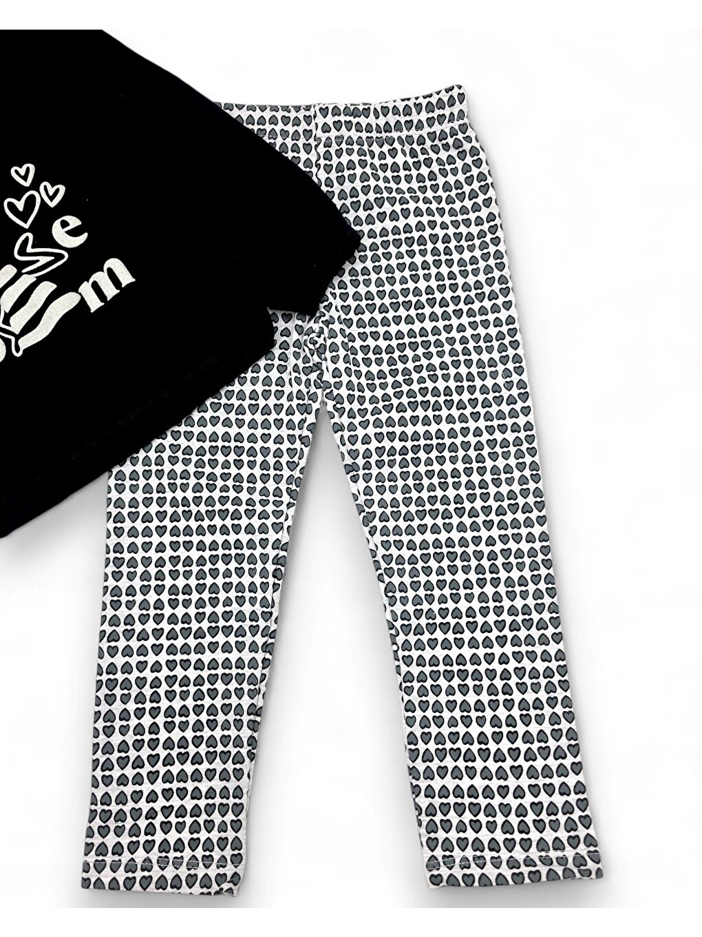 Siyah Kız Çocuk Kalp Baskılı Taytlı, Mevsimlik, 2-10 Yaş Sweatshirtlü Alt Üst Taytlı Takım-4
