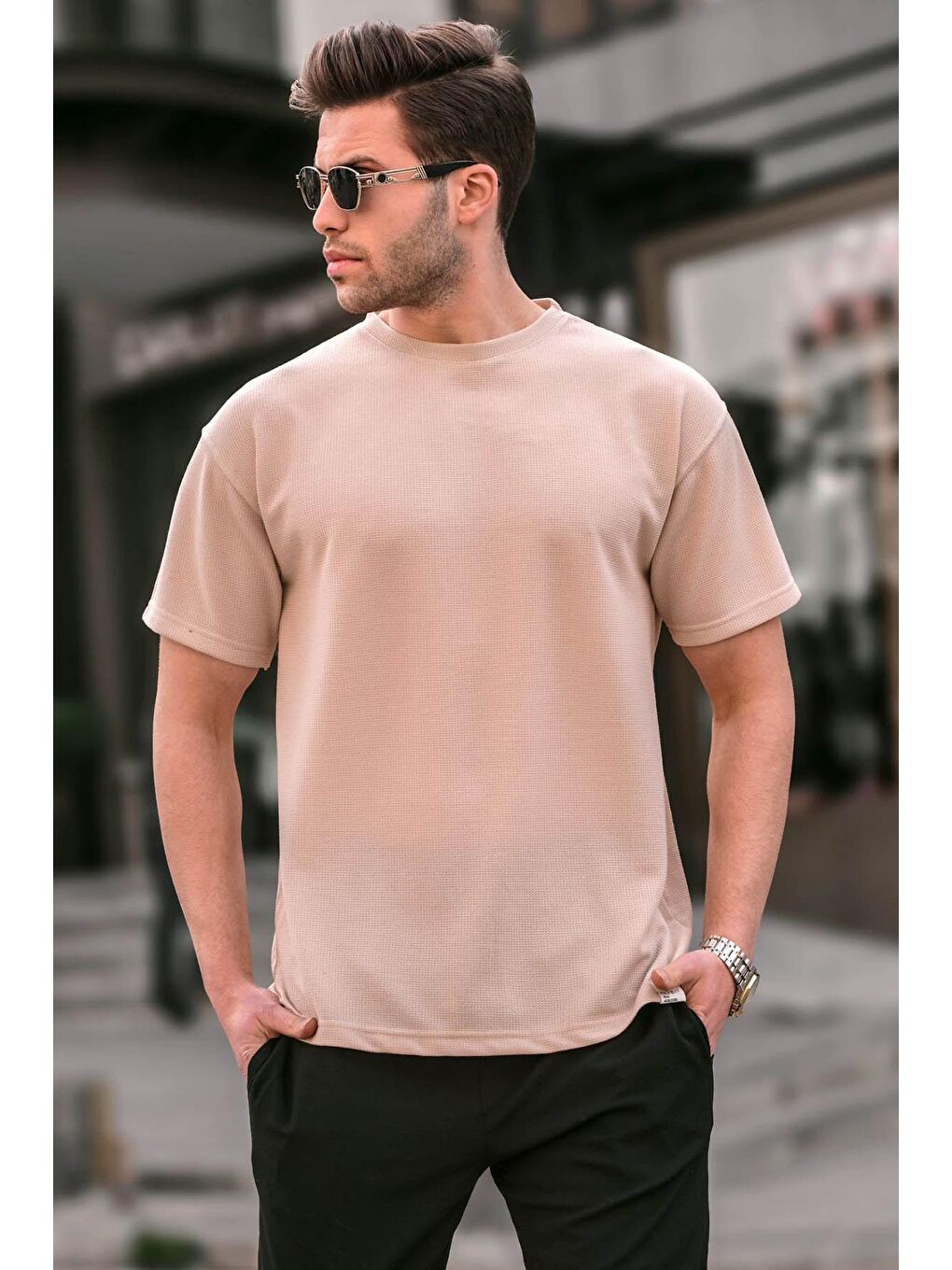 Madmext Bej Regular Fit Basic Erkek Tişört 6099