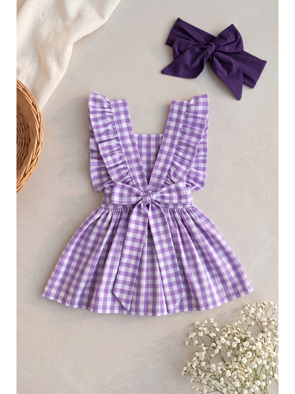 Kız Bebek Violetta Lila Pötikareli Fırfırlı Bağlama Detaylı Elbise Bandana Takım-3