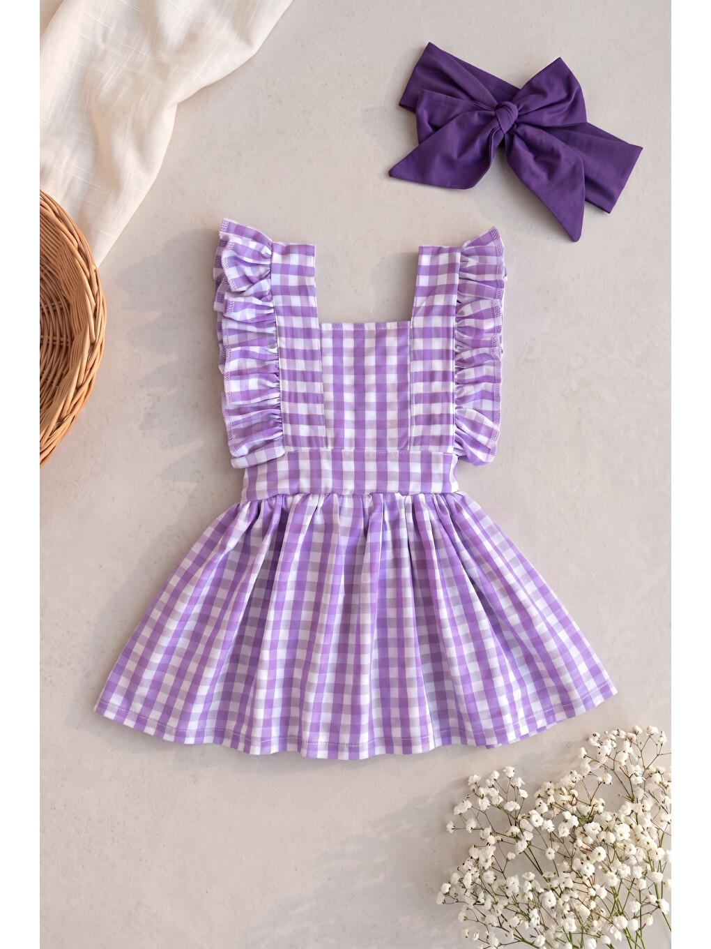 Kız Bebek Violetta Lila Pötikareli Fırfırlı Bağlama Detaylı Elbise Bandana Takım-4