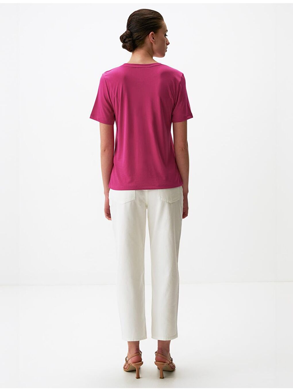 Fuşya Düz Kesim Bisiklet Yaka Kısa Kollu Basic Örme Tişört-5