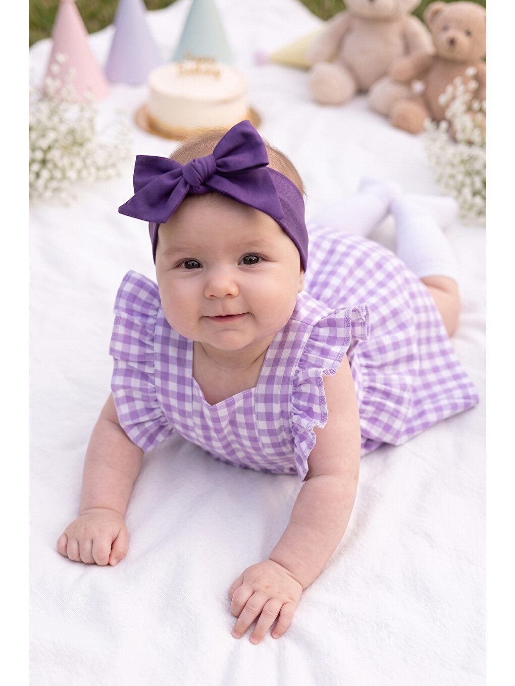 Kız Bebek Violetta Lila Pötikareli Fırfırlı Bağlama Detaylı Elbise Bandana Takım-5