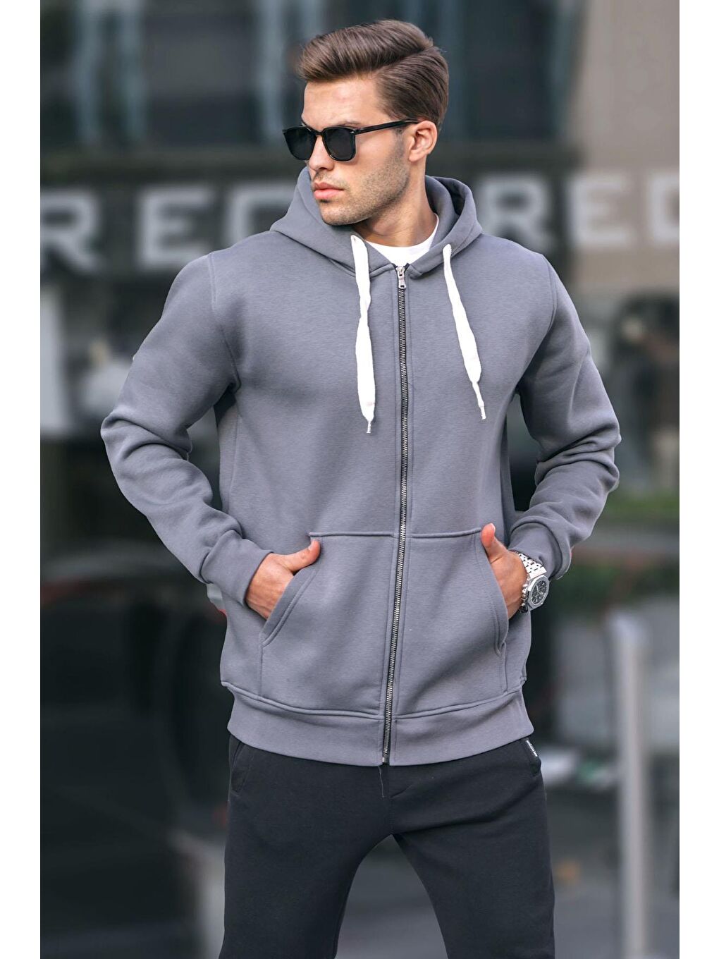 Gri Füme Kapüşonlu Regular Fit  Erkek Fermuarlı Sweatshirt 6140