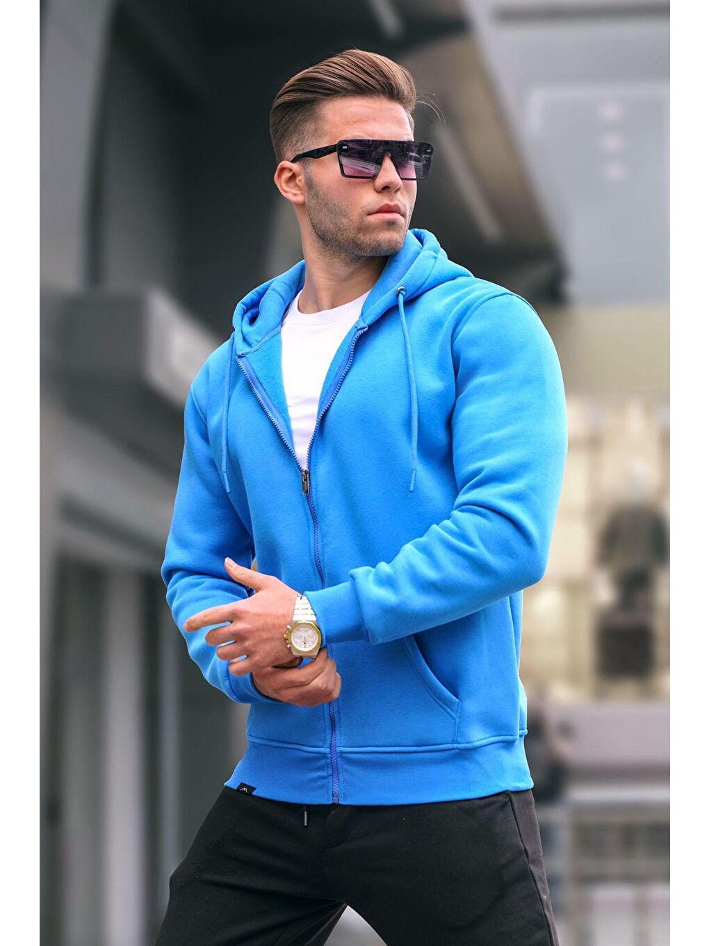 Mavi Saks Kapüşonlu Regular Fit Erkek Fermuarlı Sweatshirt Hırka 6033