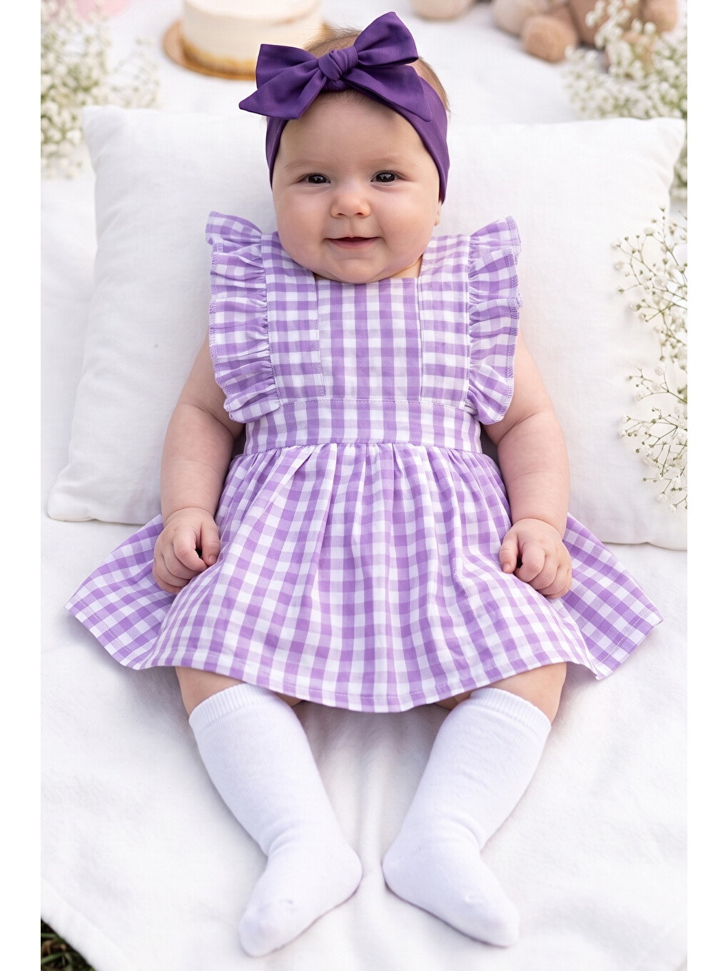 Kız Bebek Violetta Lila Pötikareli Fırfırlı Bağlama Detaylı Elbise Bandana Takım-6