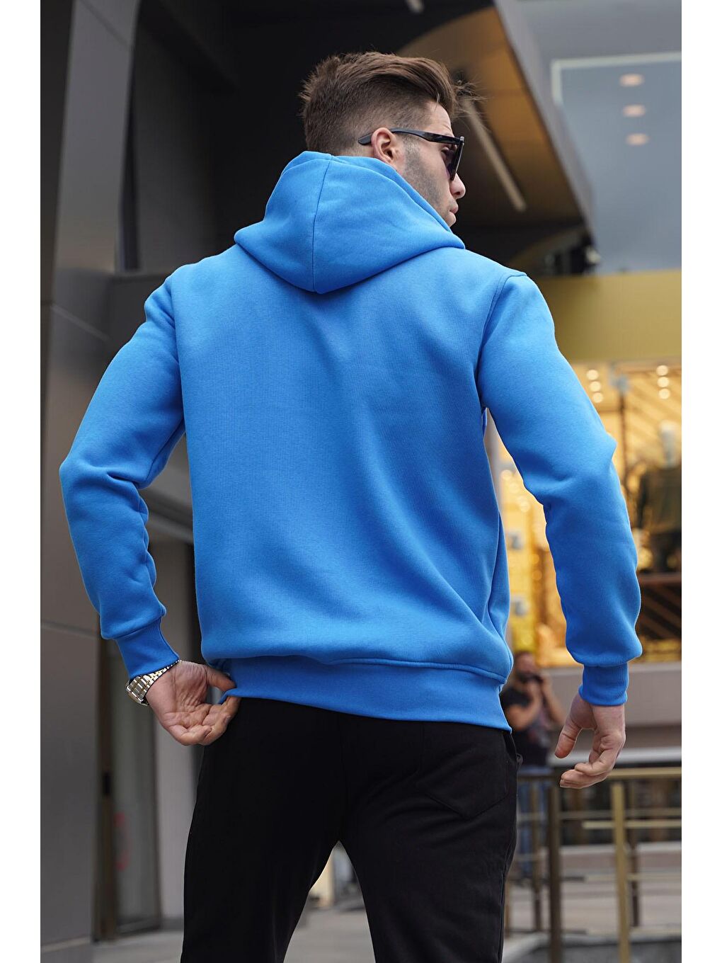 Mavi Saks Kapüşonlu Regular Fit Erkek Fermuarlı Sweatshirt Hırka 6033-1
