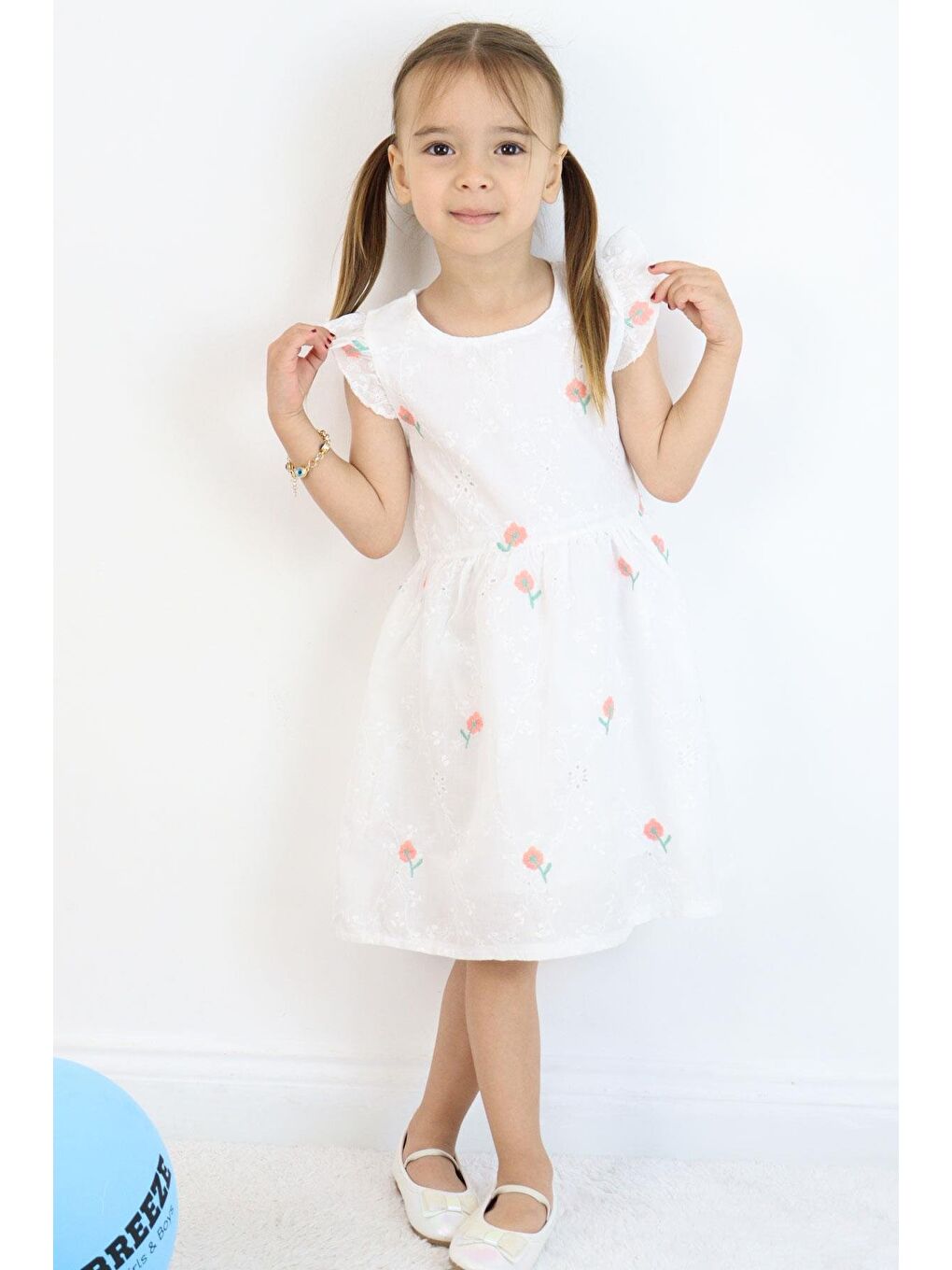 Kız Çocuk Elbise Çiçek Nakışlı Güpür Detaylı Ekru (3-7 Yaş)