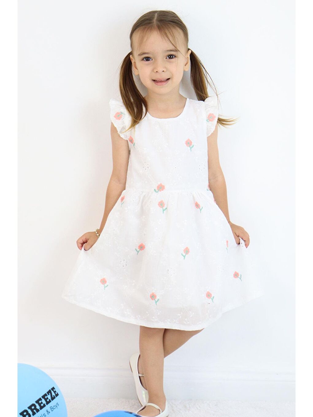 Kız Çocuk Elbise Çiçek Nakışlı Güpür Detaylı Ekru (3-7 Yaş)-1