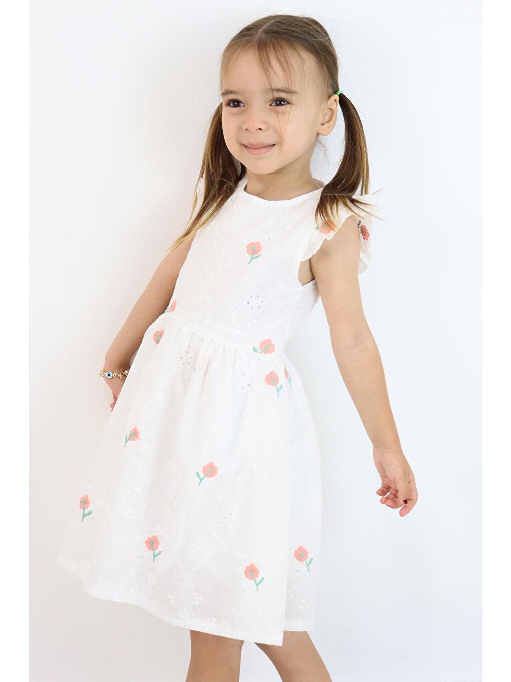 Kız Çocuk Elbise Çiçek Nakışlı Güpür Detaylı Ekru (3-7 Yaş)-3