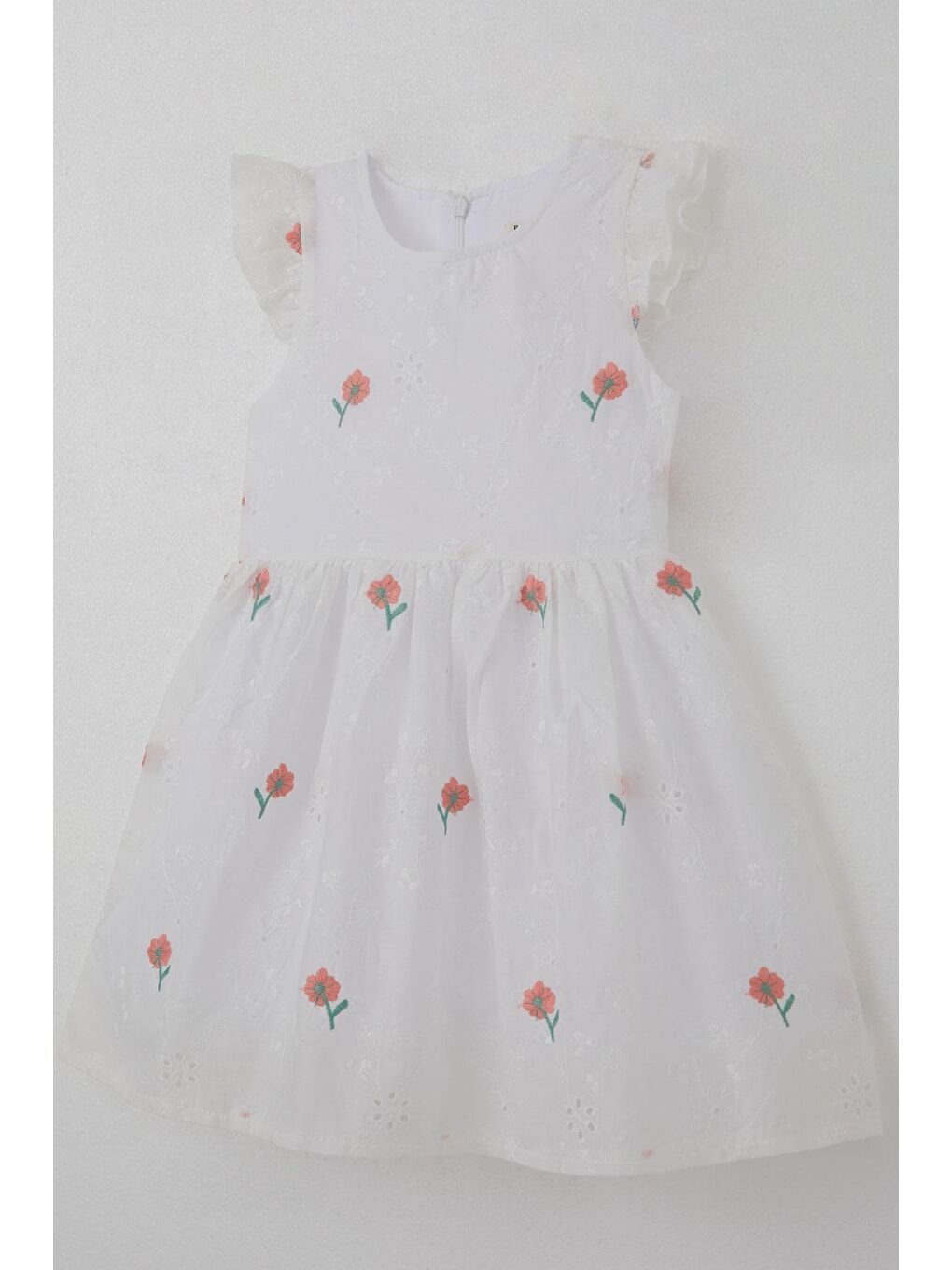 Kız Çocuk Elbise Çiçek Nakışlı Güpür Detaylı Ekru (3-7 Yaş)-6