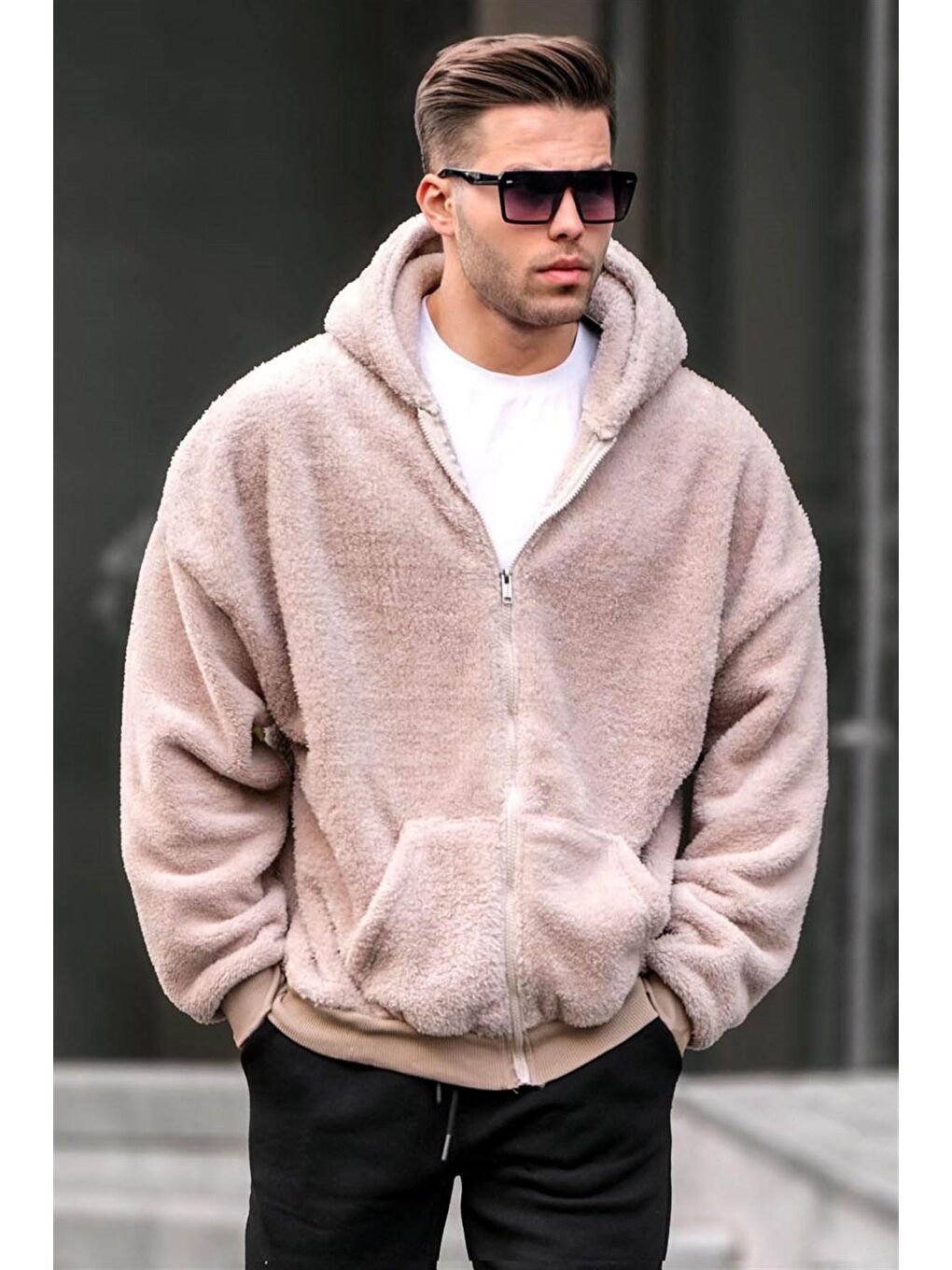 Madmext Bej Peluş Over Fit Kapüşonlu Fermuarlı Erkek Sweatshirt 6049