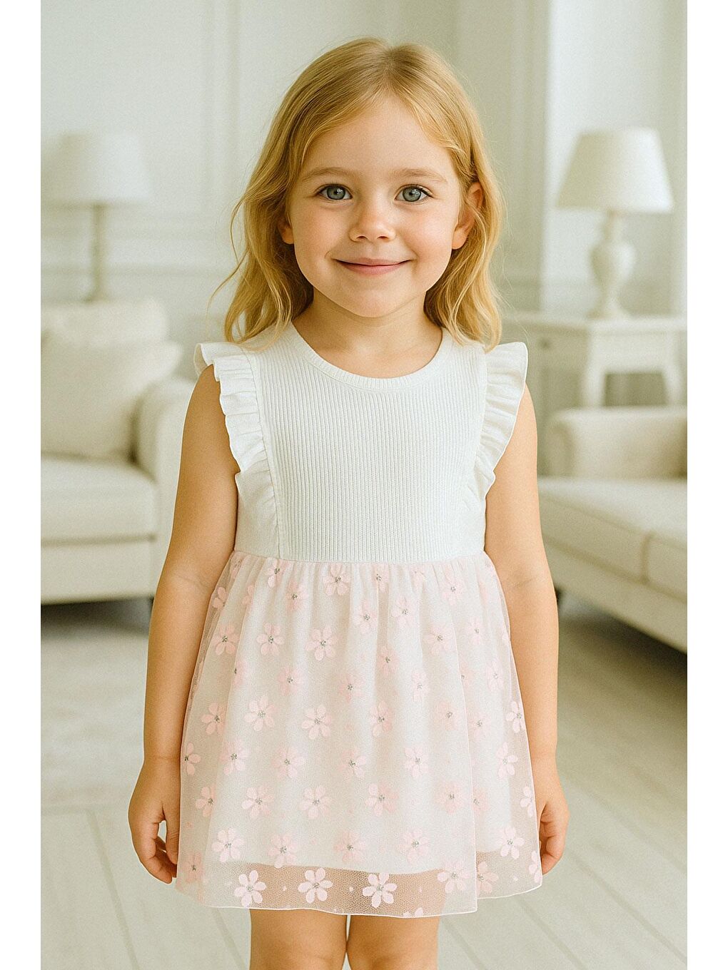 Kız Çocuk Elbise Eteği Çiçekli Tül Detaylı Ekru (3-5 Yaş)