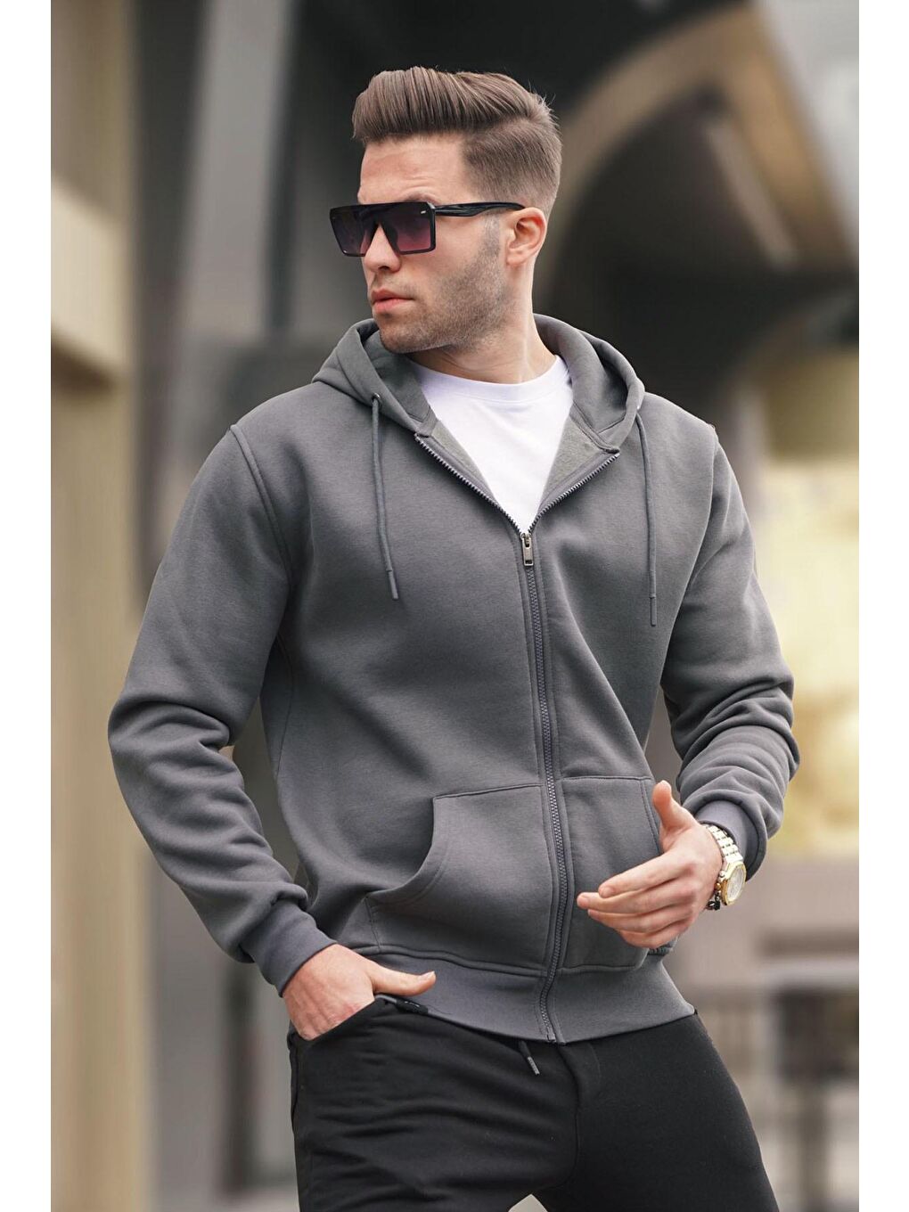 Gri Füme Kapüşonlu Regular Fit Erkek Fermuarlı Sweatshirt 6033