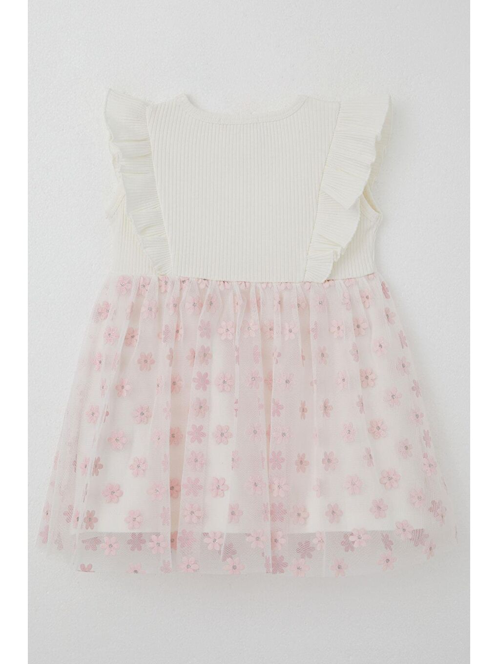 Kız Çocuk Elbise Eteği Çiçekli Tül Detaylı Ekru (3-5 Yaş)-2