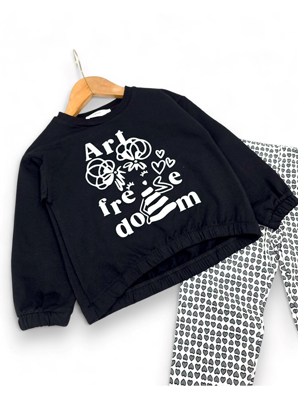 Siyah Kız Çocuk Kalp Baskılı Taytlı, Mevsimlik, 2-10 Yaş Sweatshirtlü Alt Üst Taytlı Takım-5