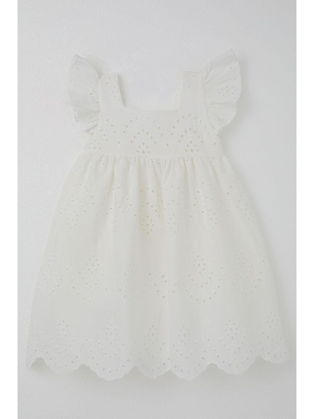 Kız Çocuk Elbise Çiçek Nakışlı Arka Kısmı Fermuarlı Ekru (3-8 Yaş)-3