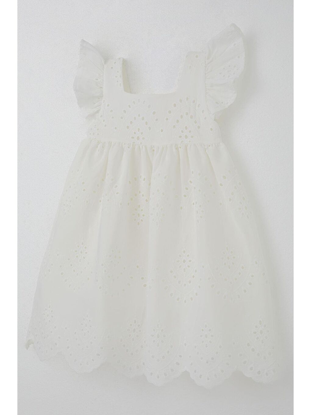 Kız Çocuk Elbise Çiçek Nakışlı Arka Kısmı Fermuarlı Ekru (3-8 Yaş)-5