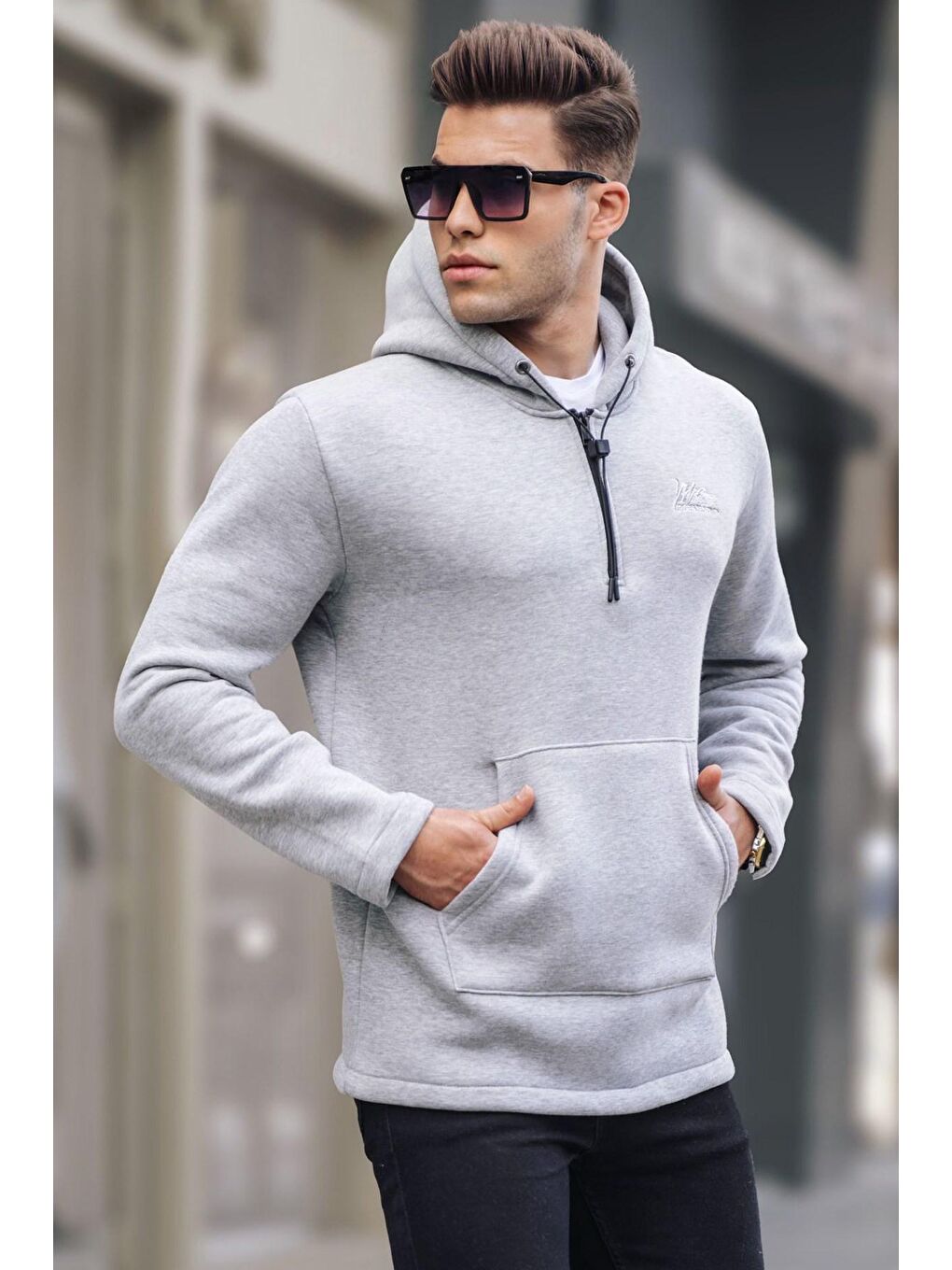 Madmext Gri Fermuar Detaylı Kapüşonlu Basic Sweatshirt 6005