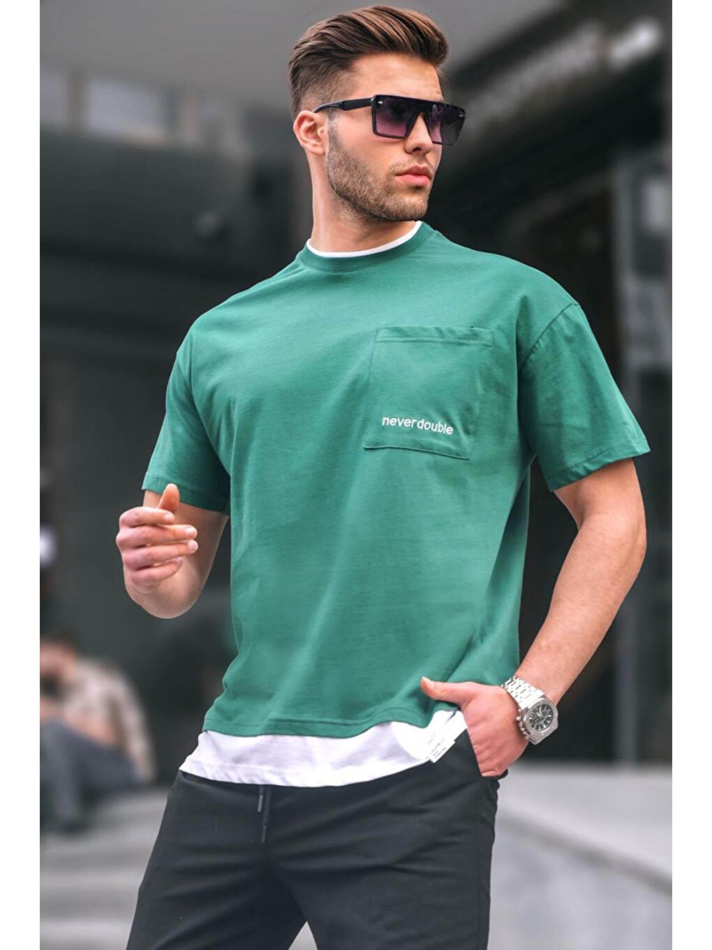 Koyu Yeşil Parçalı Basic Erkek %100 Pamuk Tişört 6090