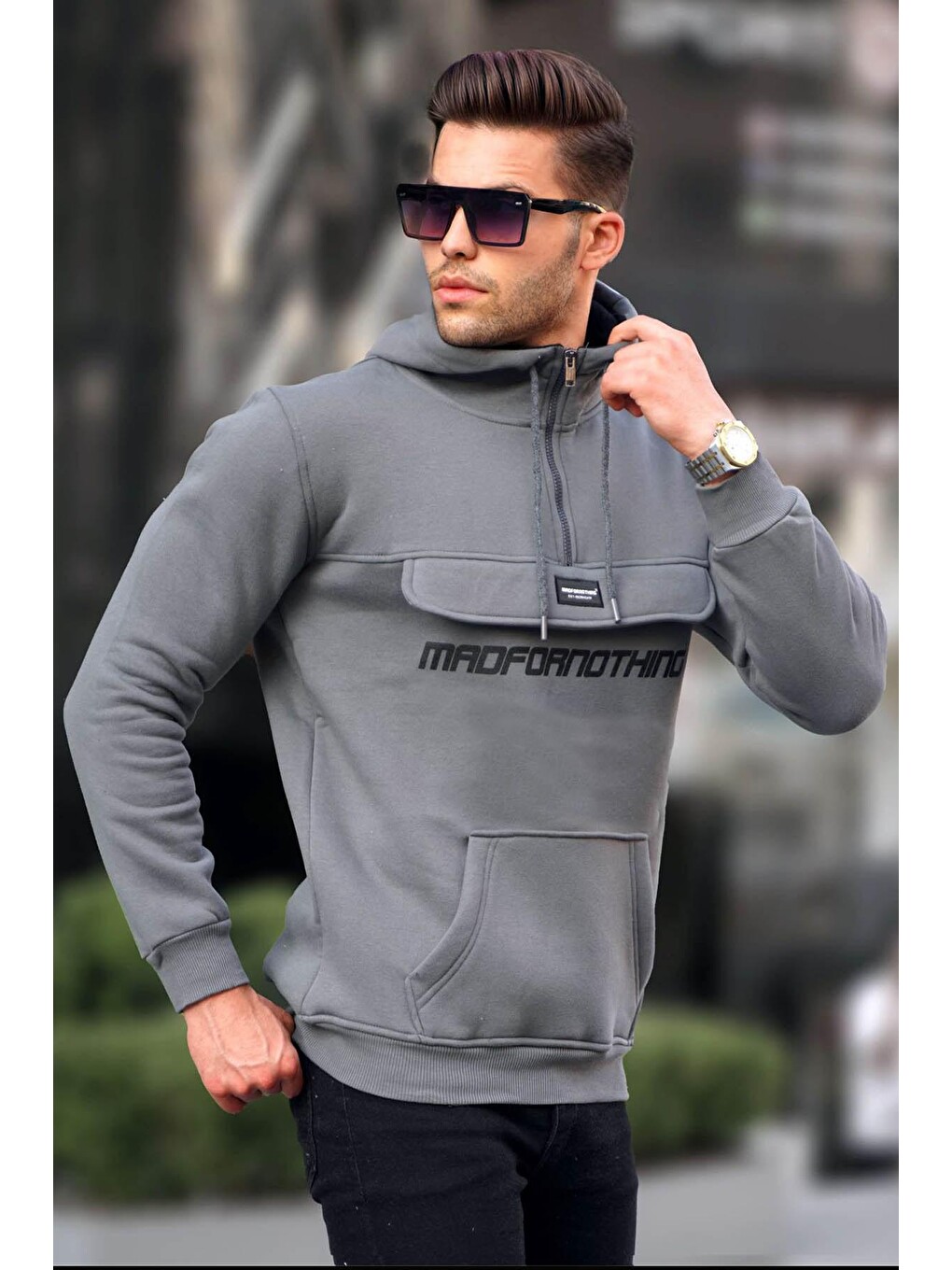 Gri Füme Kanguru Cep Kapüşonlu Sweatshirt 4729