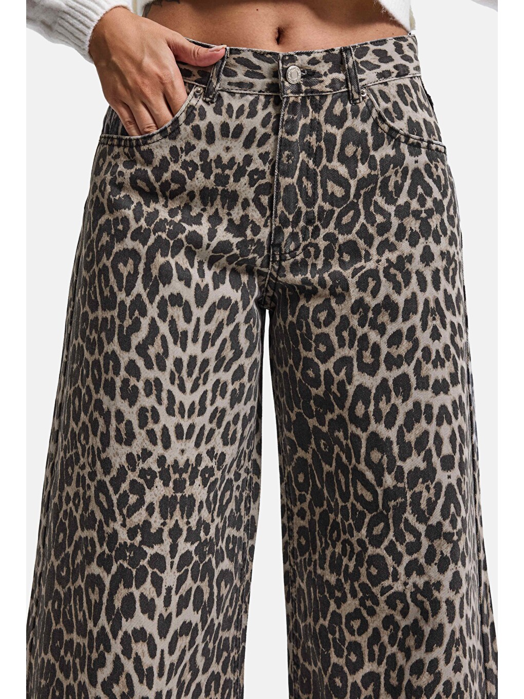 Kahverengi Kadın Leopar 1w6-26 Palazzo Fit Özel Desen Denim Jean-6
