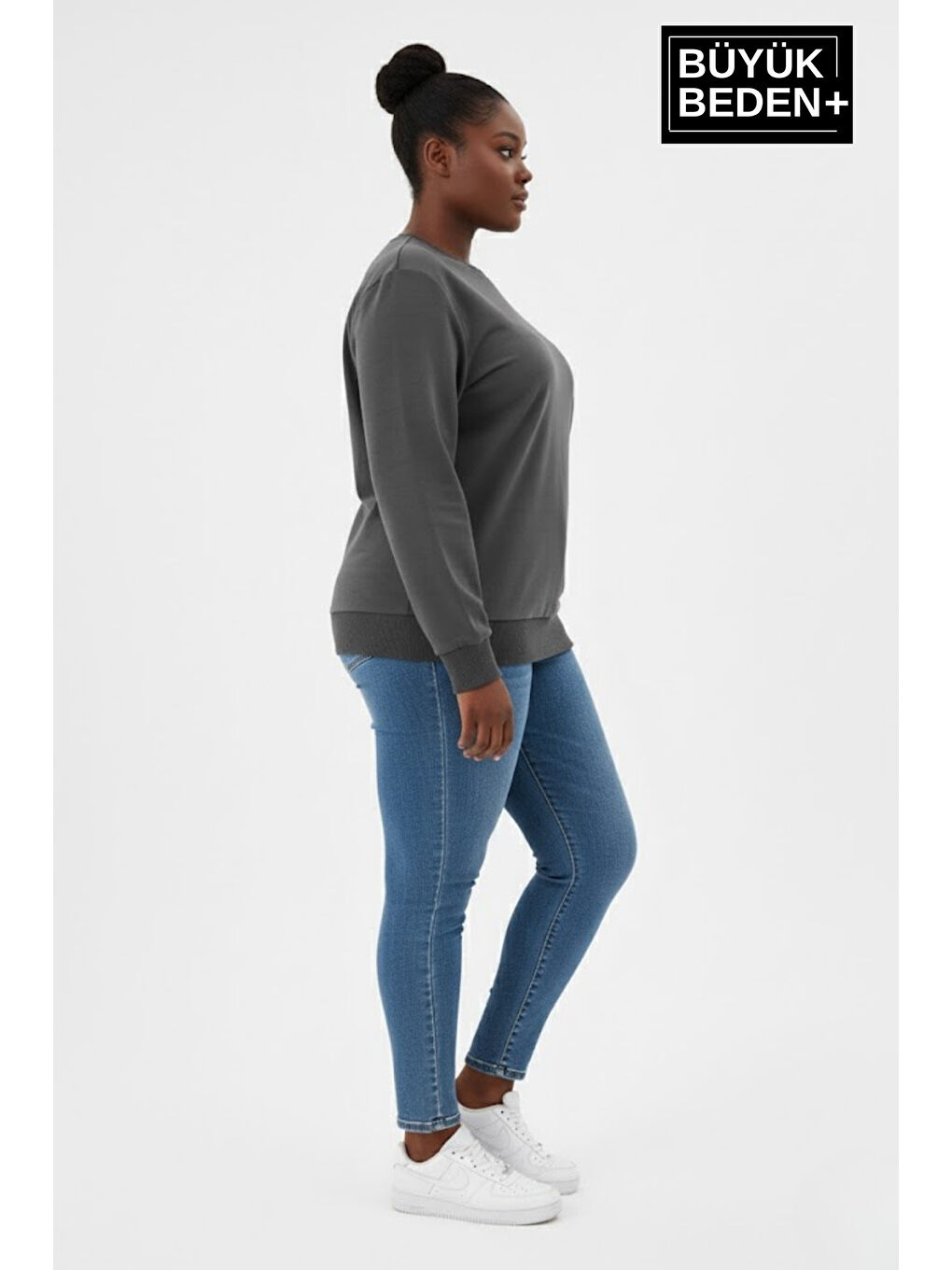 Gri Kadın Büyük Beden Bisiklet Yaka Kollar ve Etek Ribanalı İnce Sweatshirt SPR26BSWK956-1