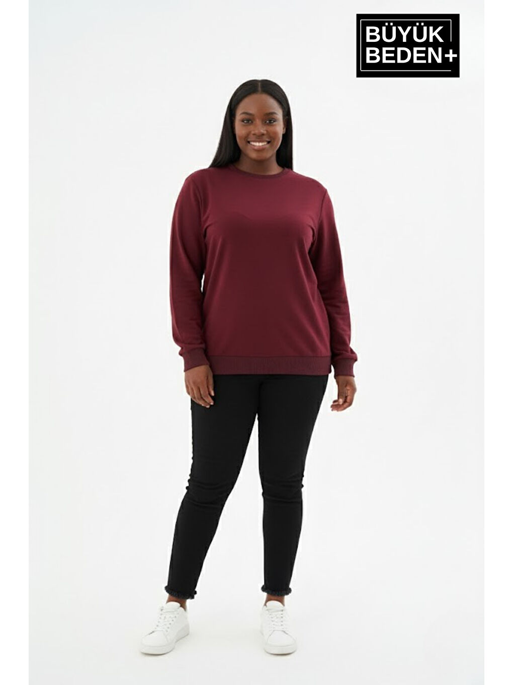 Bordo Kadın Büyük Beden Bisiklet Yaka Kollar ve Etek Ribanalı İnce Sweatshirt SPR26BSWK956