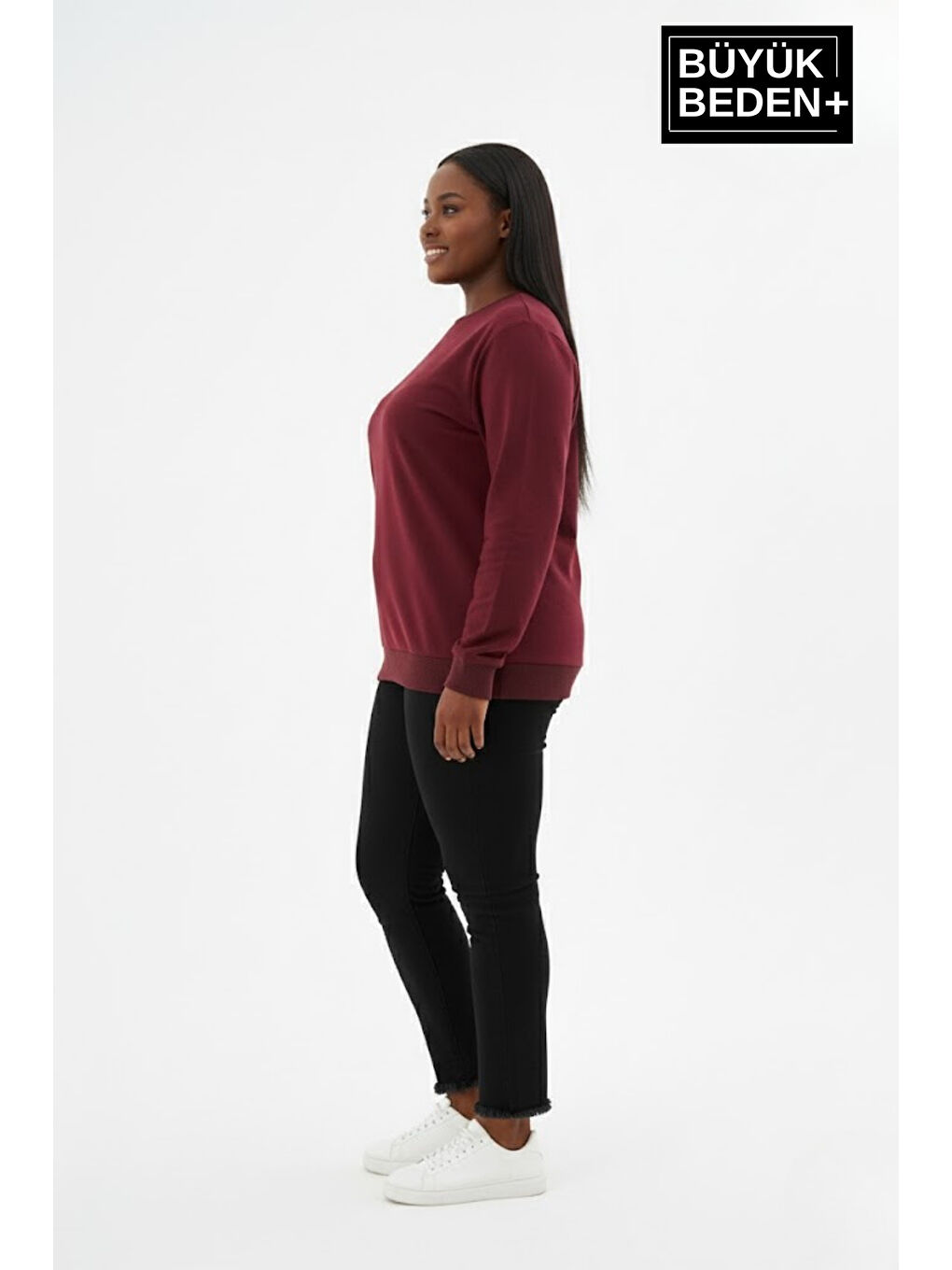 Bordo Kadın Büyük Beden Bisiklet Yaka Kollar ve Etek Ribanalı İnce Sweatshirt SPR26BSWK956-2
