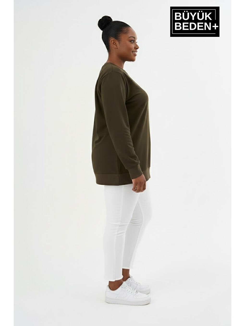 Haki Kadın Büyük Beden Bisiklet Yaka Kollar ve Etek Ribanalı İnce Sweatshirt SPR26BSWK956-1