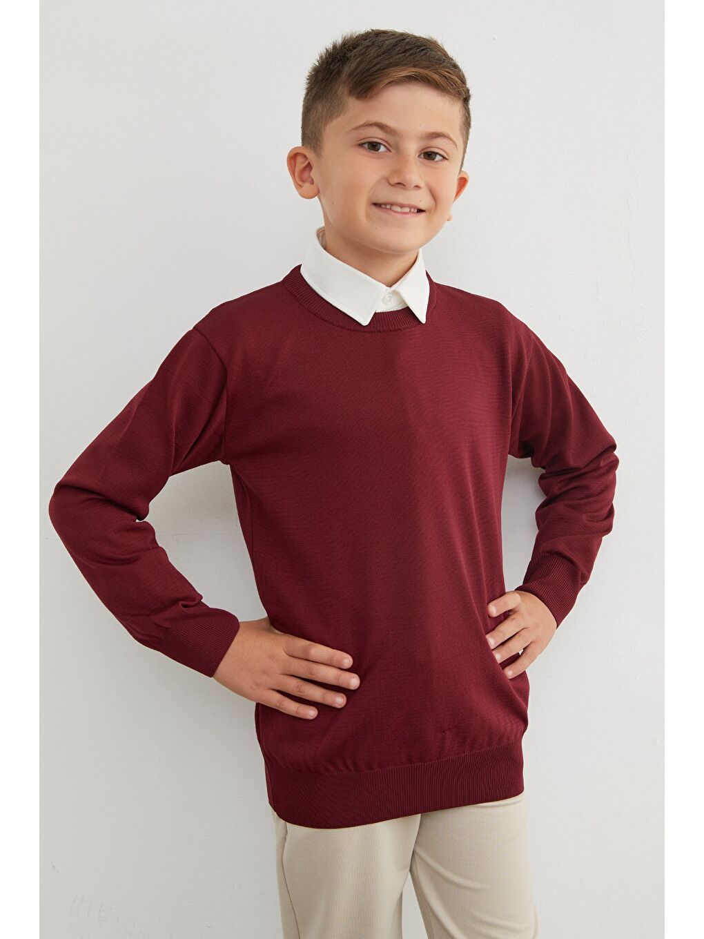 Bordo Basic Bisiklet Yaka Erkek Çocuk Triko Kazak