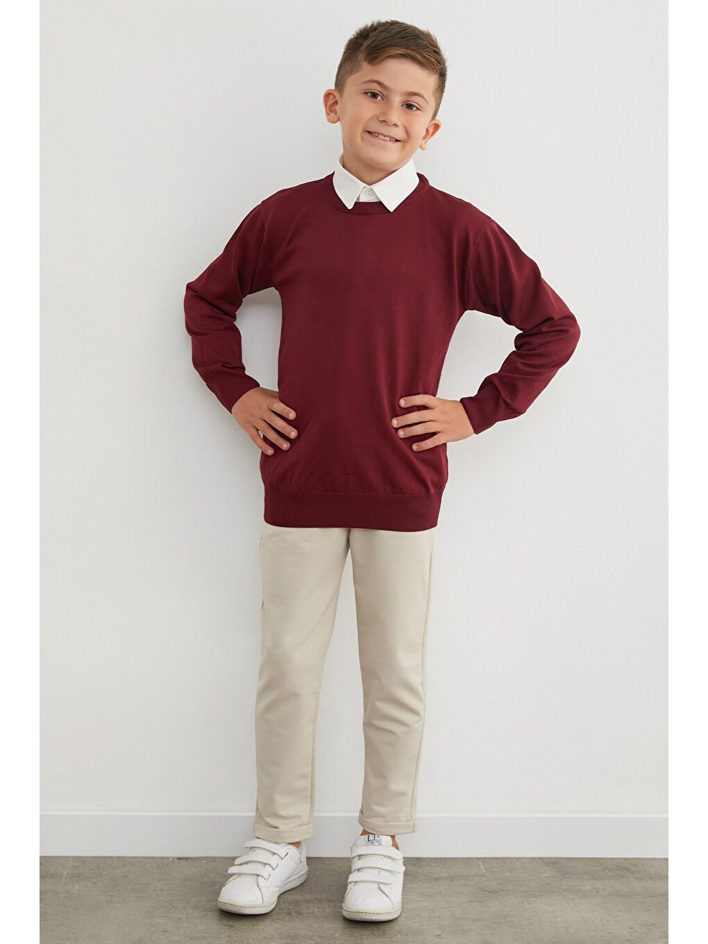 Bordo Basic Bisiklet Yaka Erkek Çocuk Triko Kazak-1