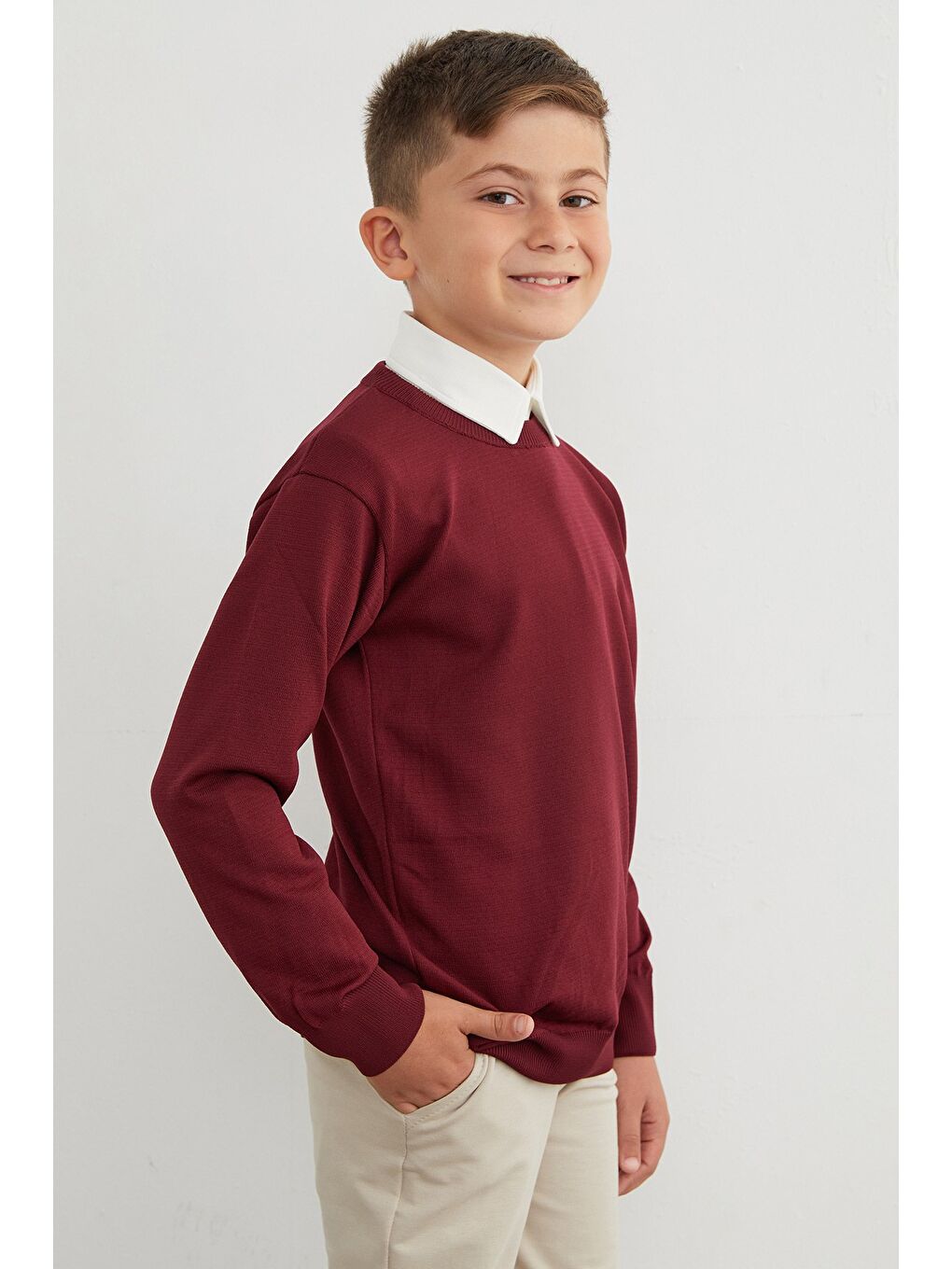 Bordo Basic Bisiklet Yaka Erkek Çocuk Triko Kazak-3