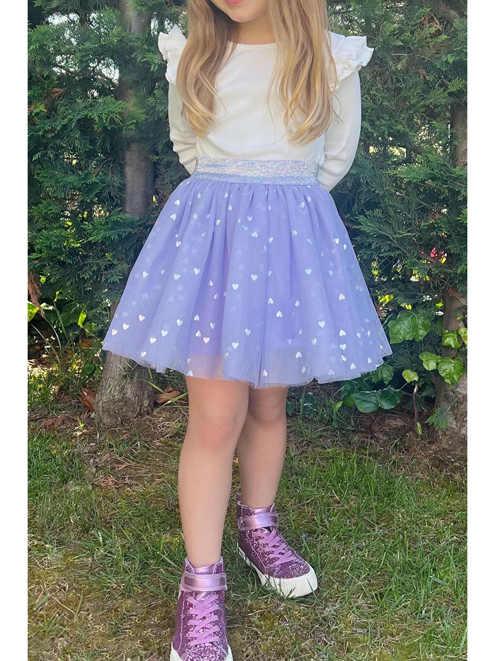 Kız Çocuk Tütü Etek Simli Kalp Desenli Beli Lastikli Lila (5-10 Yaş)