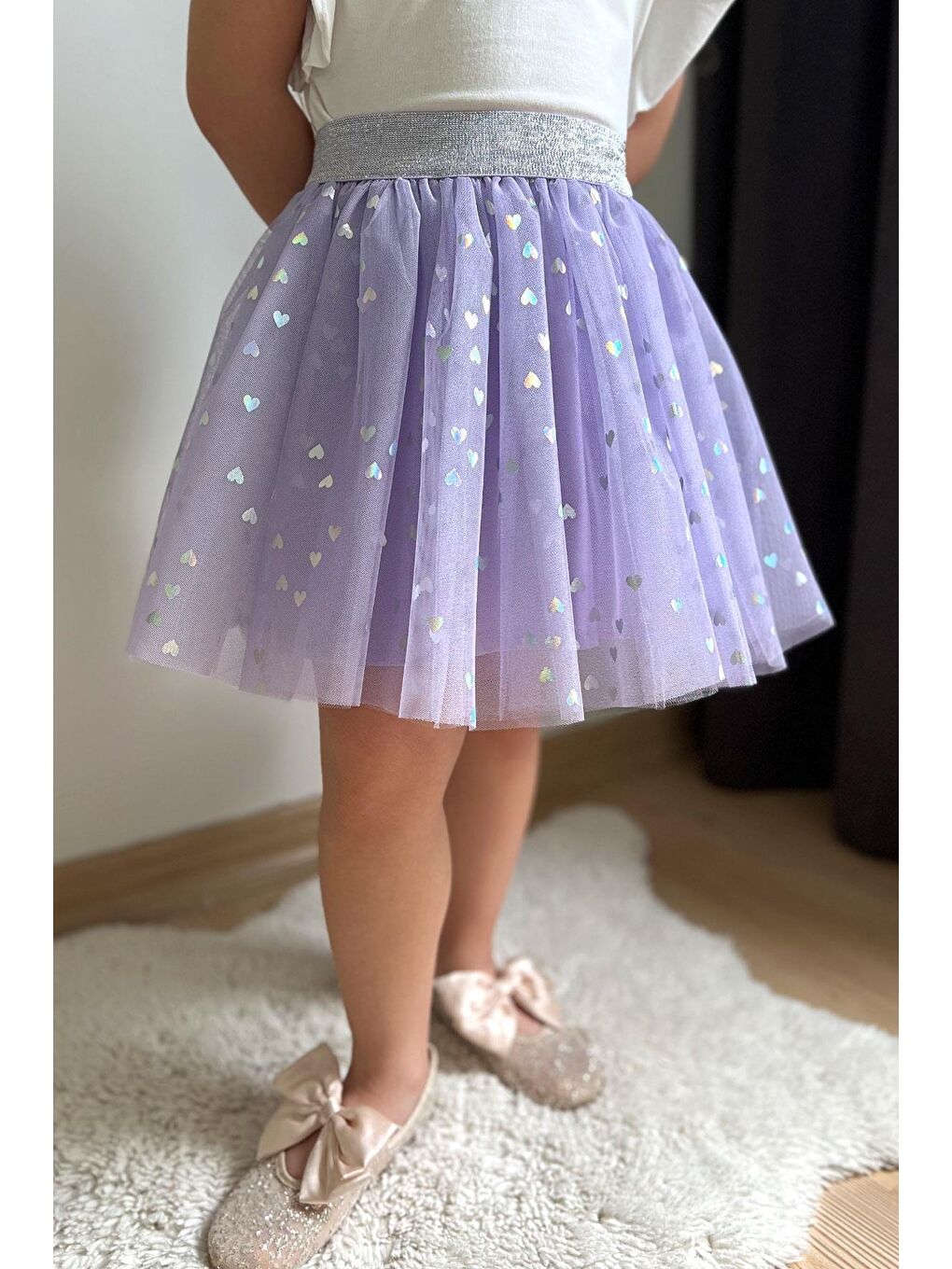 Kız Çocuk Tütü Etek Simli Kalp Desenli Beli Lastikli Lila (5-10 Yaş)-1