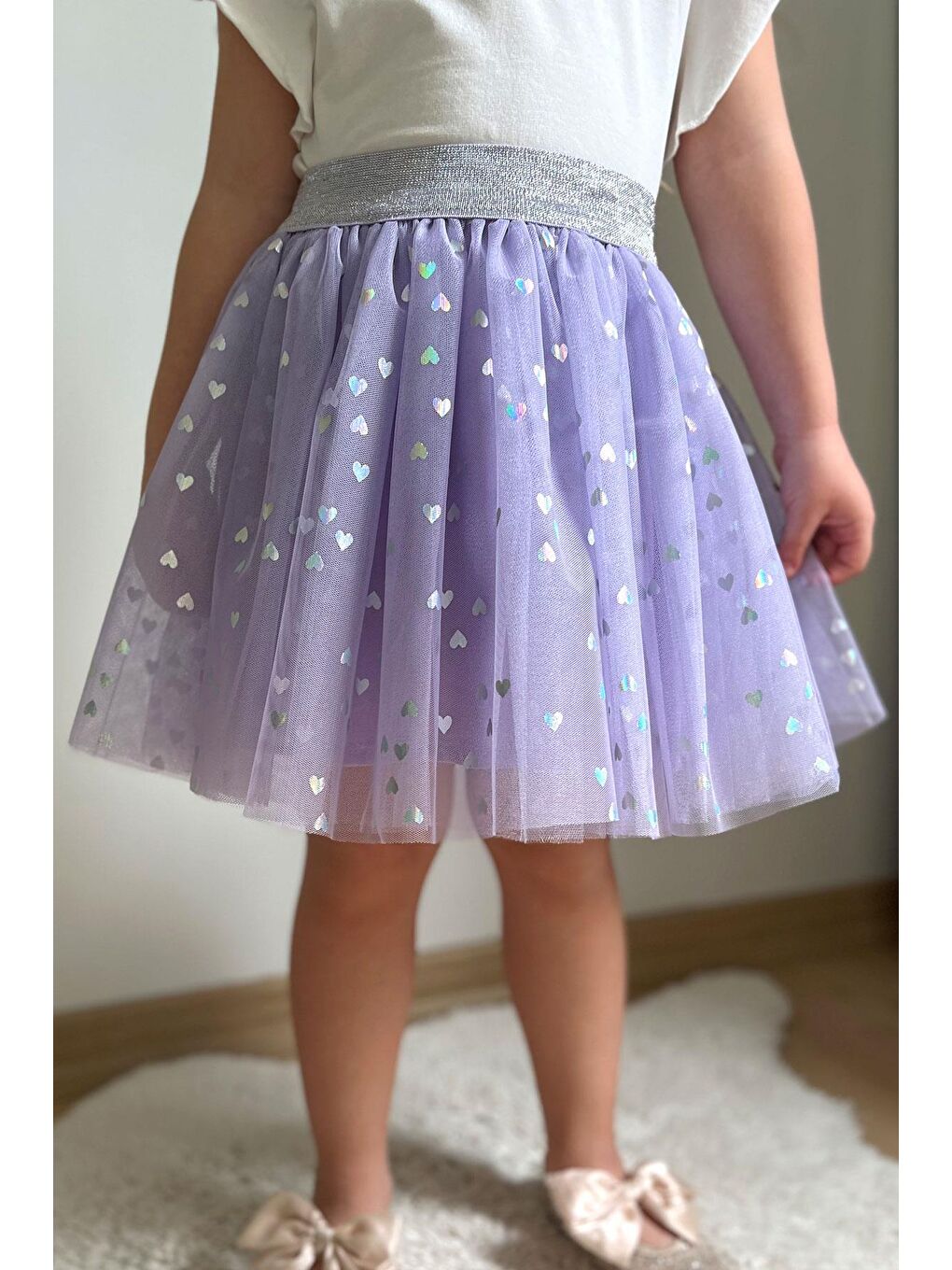 Kız Çocuk Tütü Etek Simli Kalp Desenli Beli Lastikli Lila (5-10 Yaş)-2