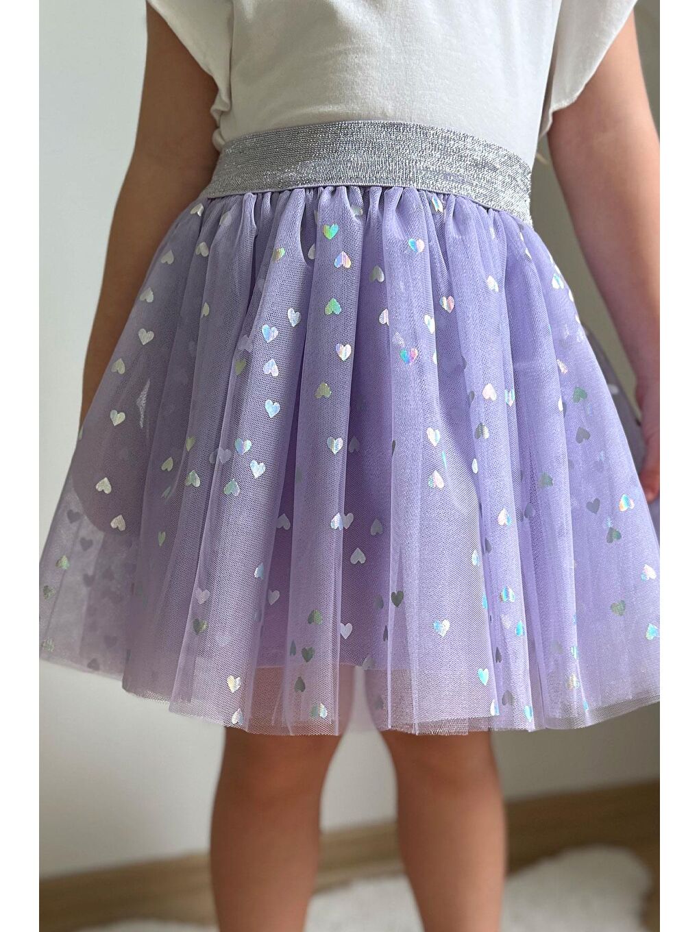Kız Çocuk Tütü Etek Simli Kalp Desenli Beli Lastikli Lila (5-10 Yaş)-3