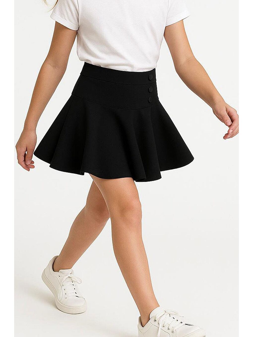 Kız Çocuk Mini Etek Pileli Çıtçıt Detaylı Siyah (7-12 Yaş)