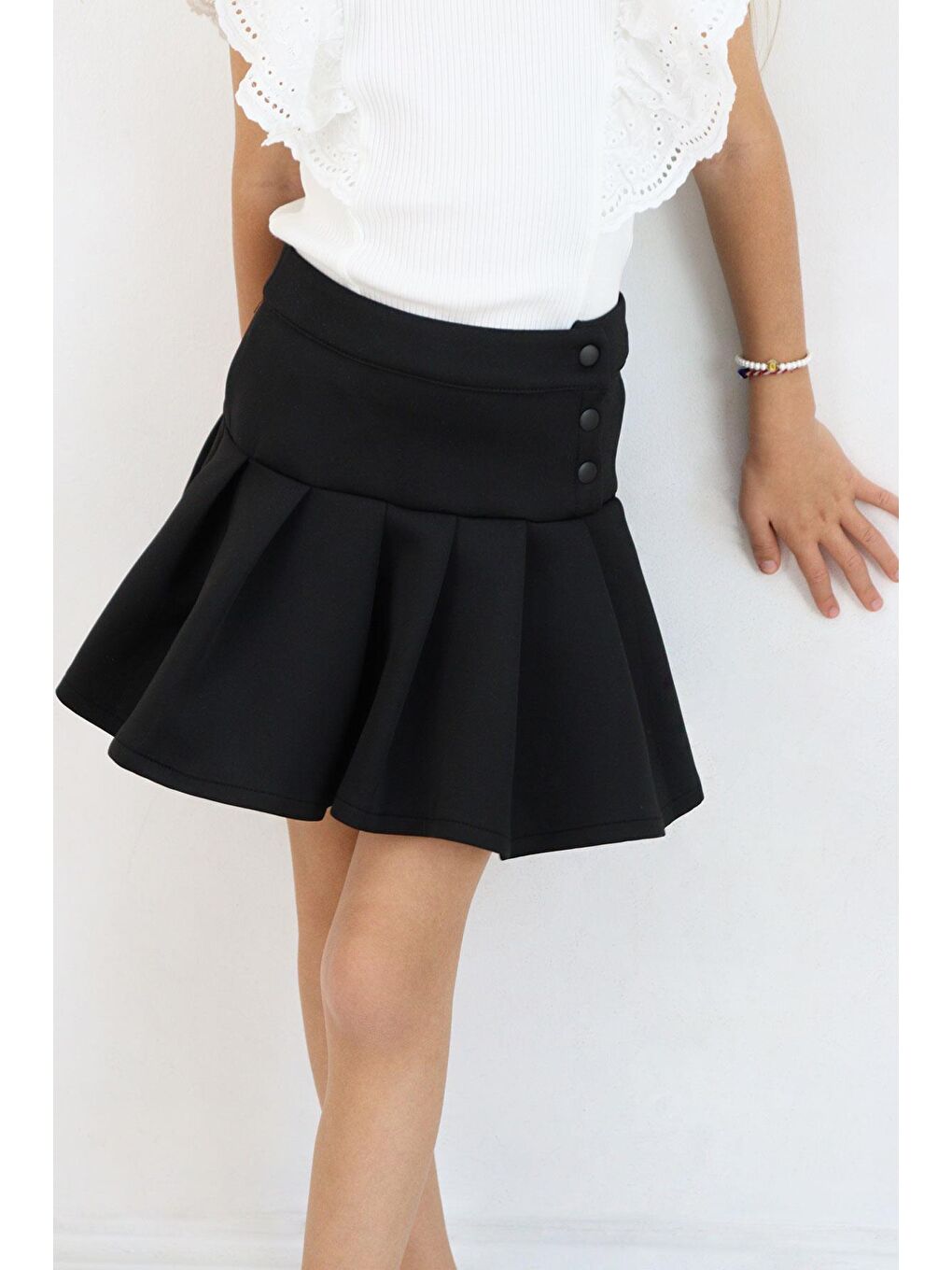 Kız Çocuk Mini Etek Pileli Çıtçıt Detaylı Siyah (7-12 Yaş)-1
