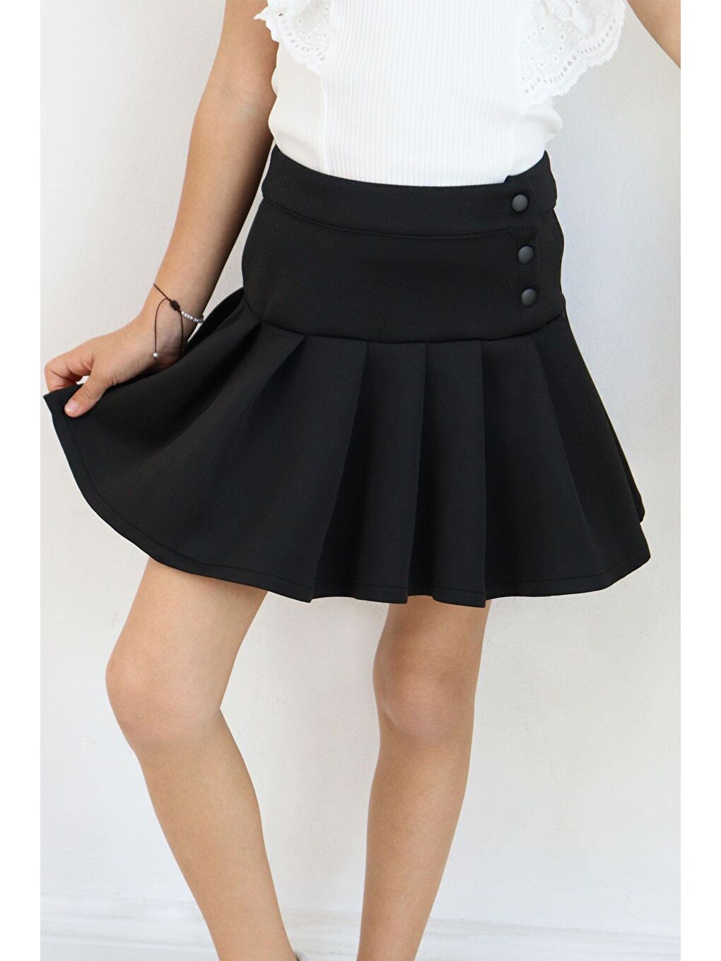 Kız Çocuk Mini Etek Pileli Çıtçıt Detaylı Siyah (7-12 Yaş)-2