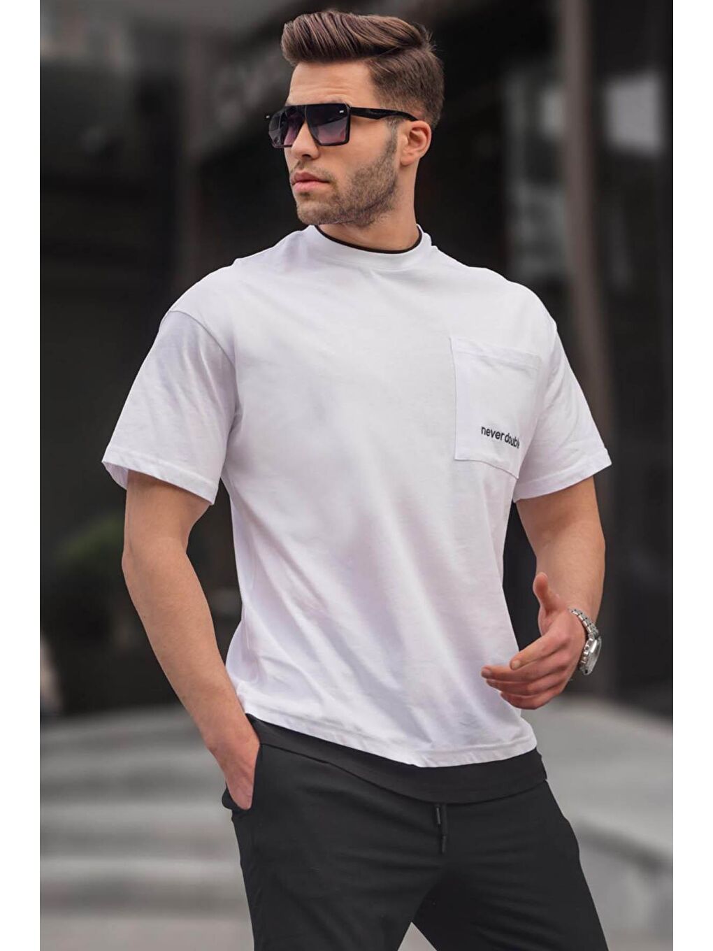 Beyaz Parçalı Basic Erkek %100 Pamuk Tişört 6090