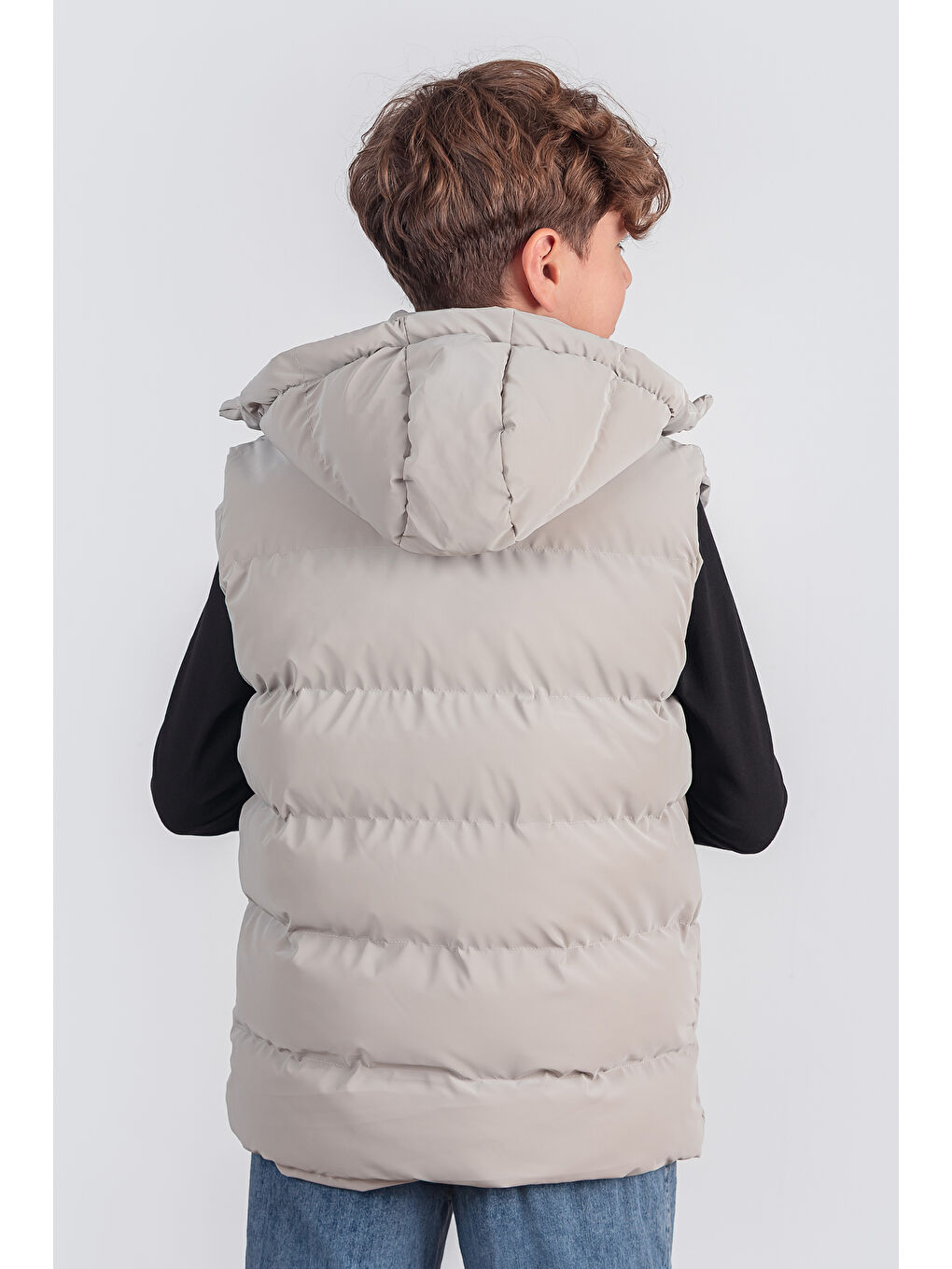 Gri Kapüşonlu Erkek Çocuk Nova Kumaş Şişme Yelek YLK 2626-5