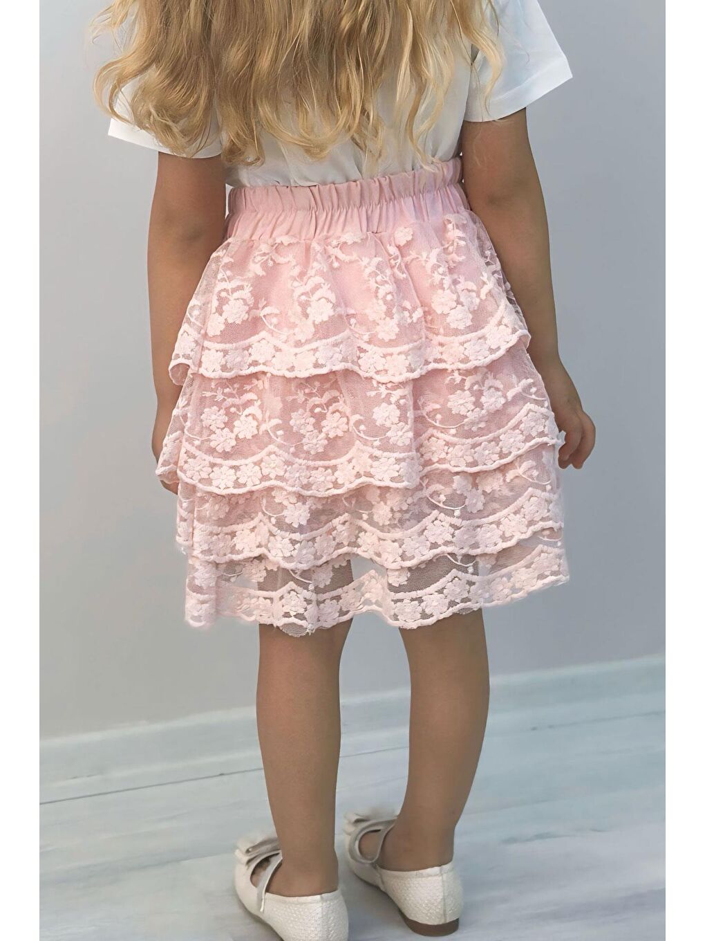 Kız Çocuk Etek Güpürlü Fiyonk Aksesuarlı Nakışlı Pembe (5-10 Yaş)-1
