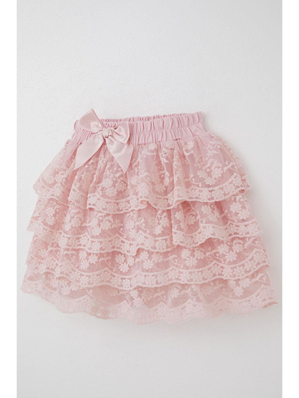 Kız Çocuk Etek Güpürlü Fiyonk Aksesuarlı Nakışlı Pembe (5-10 Yaş)-4
