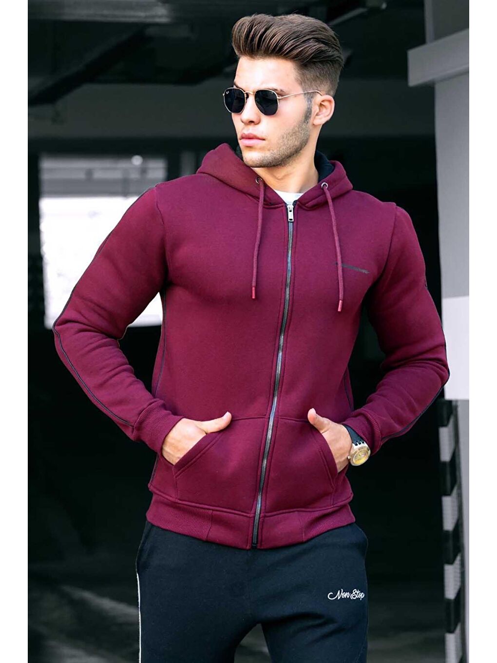 Madmext Bordo Fermuarlı Kapüşonlu Erkek Sweatshirt 4741