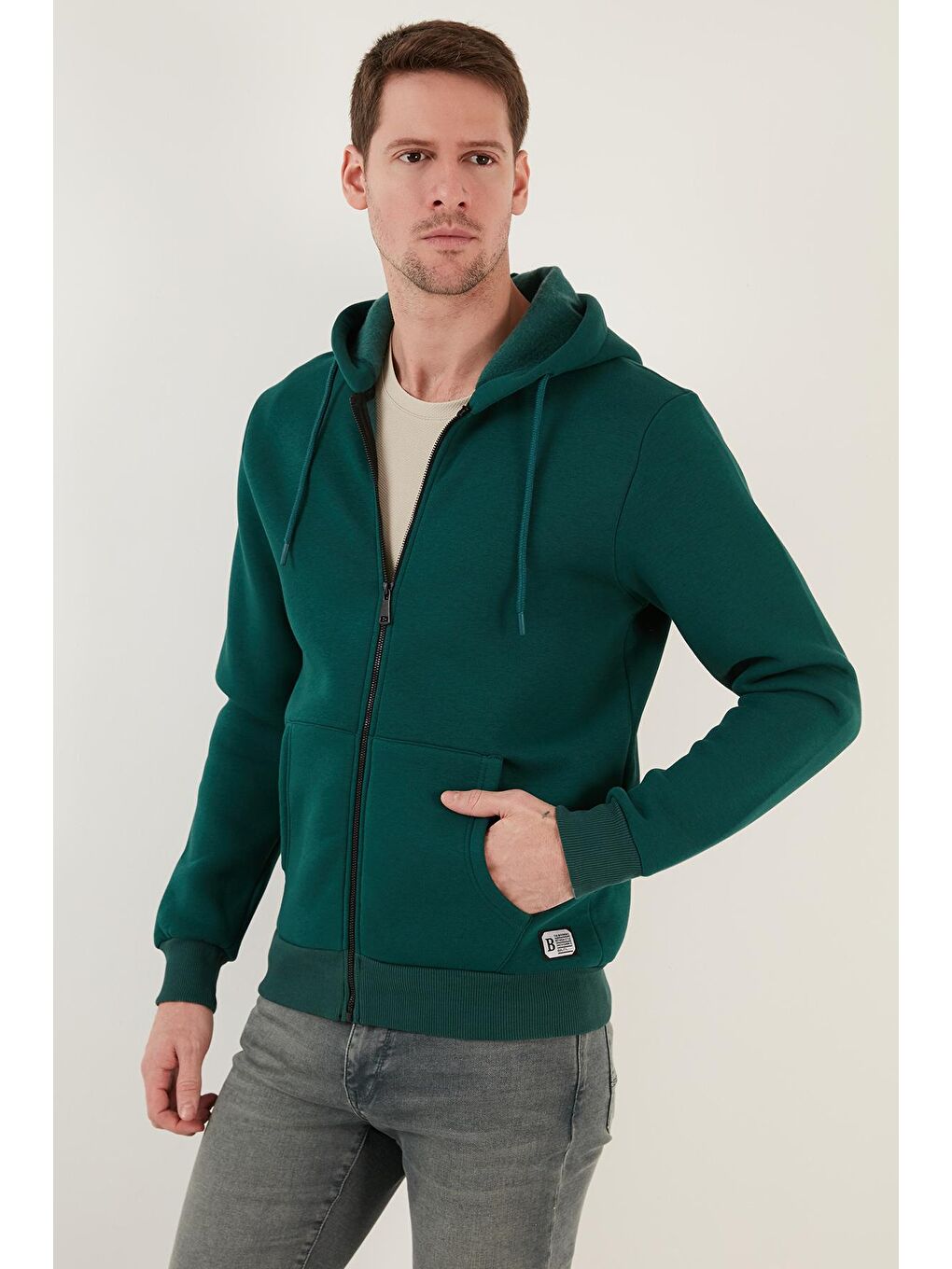Yeşil Slim Fit Kapüşonlu  İçi Tüylü Yumuşak Şardonlu Kışlık Fermuarlı Sweatshirt 5905340-1