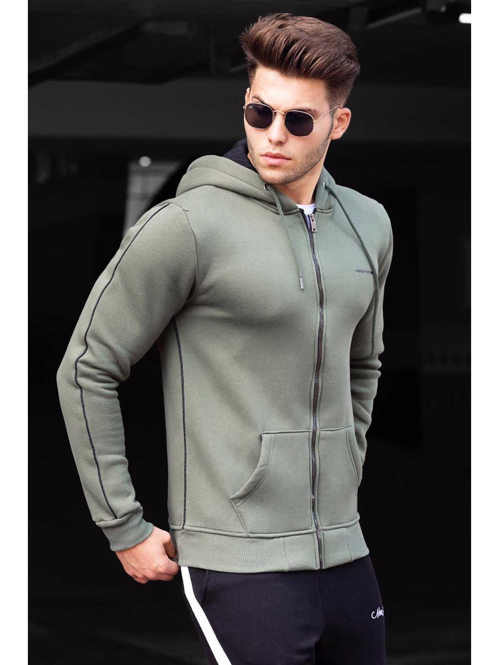 Haki Kapüşonlu Erkek Fermuarlı Sweatshirt Hırka 4741
