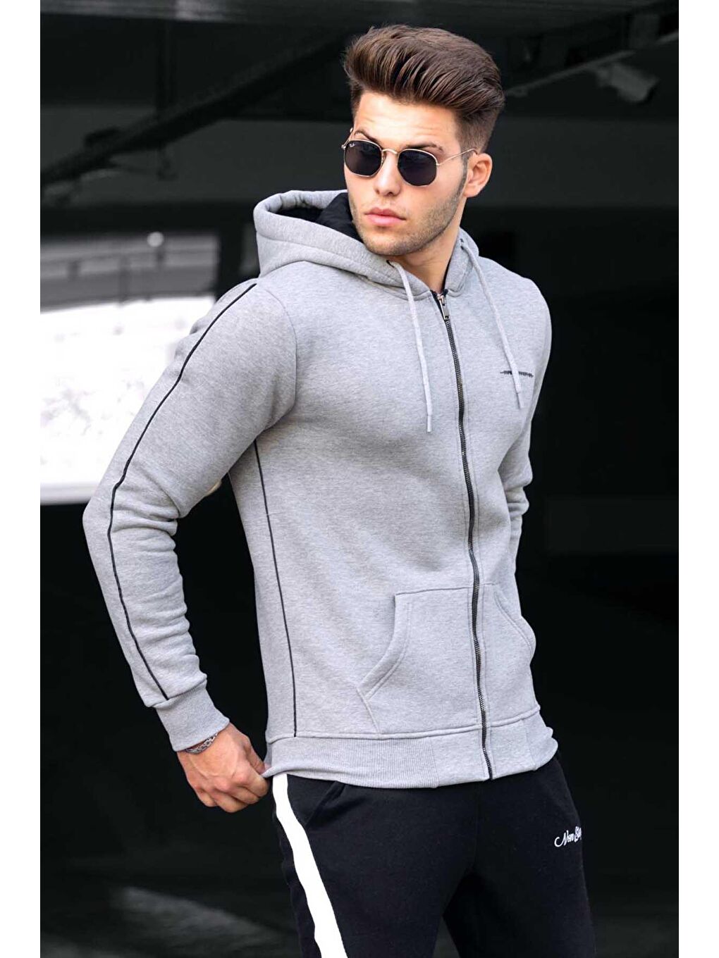 Gri  Kapüşonlu Erkek Fermuarlı Sweatshirt Hırka 4741