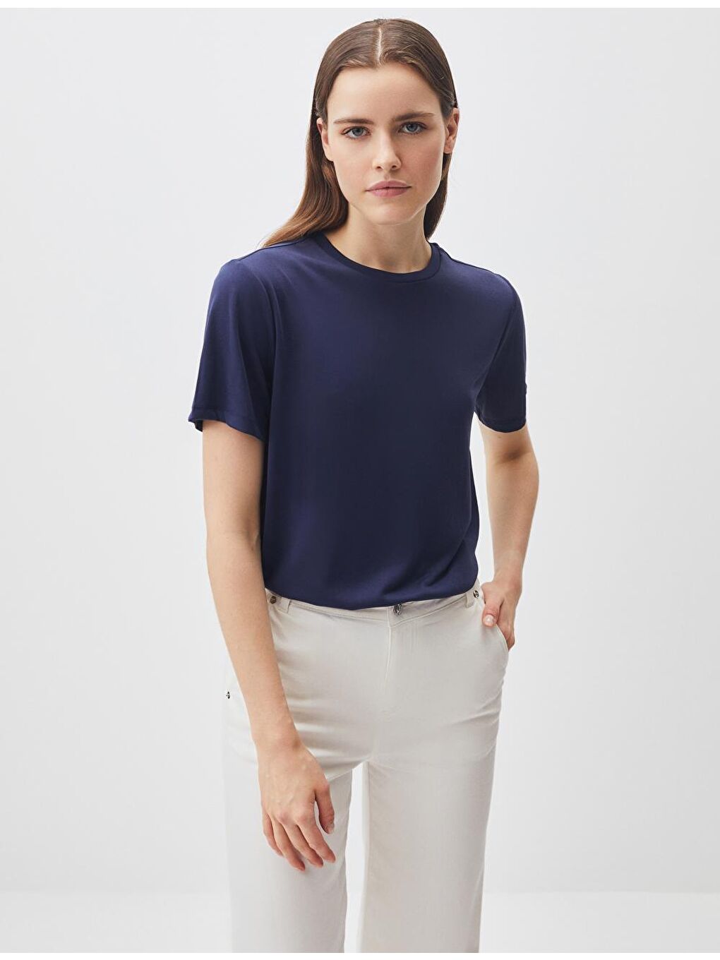 Lacivert Düz Kesim Bisiklet Yaka Kısa Kollu Basic Tişört-2