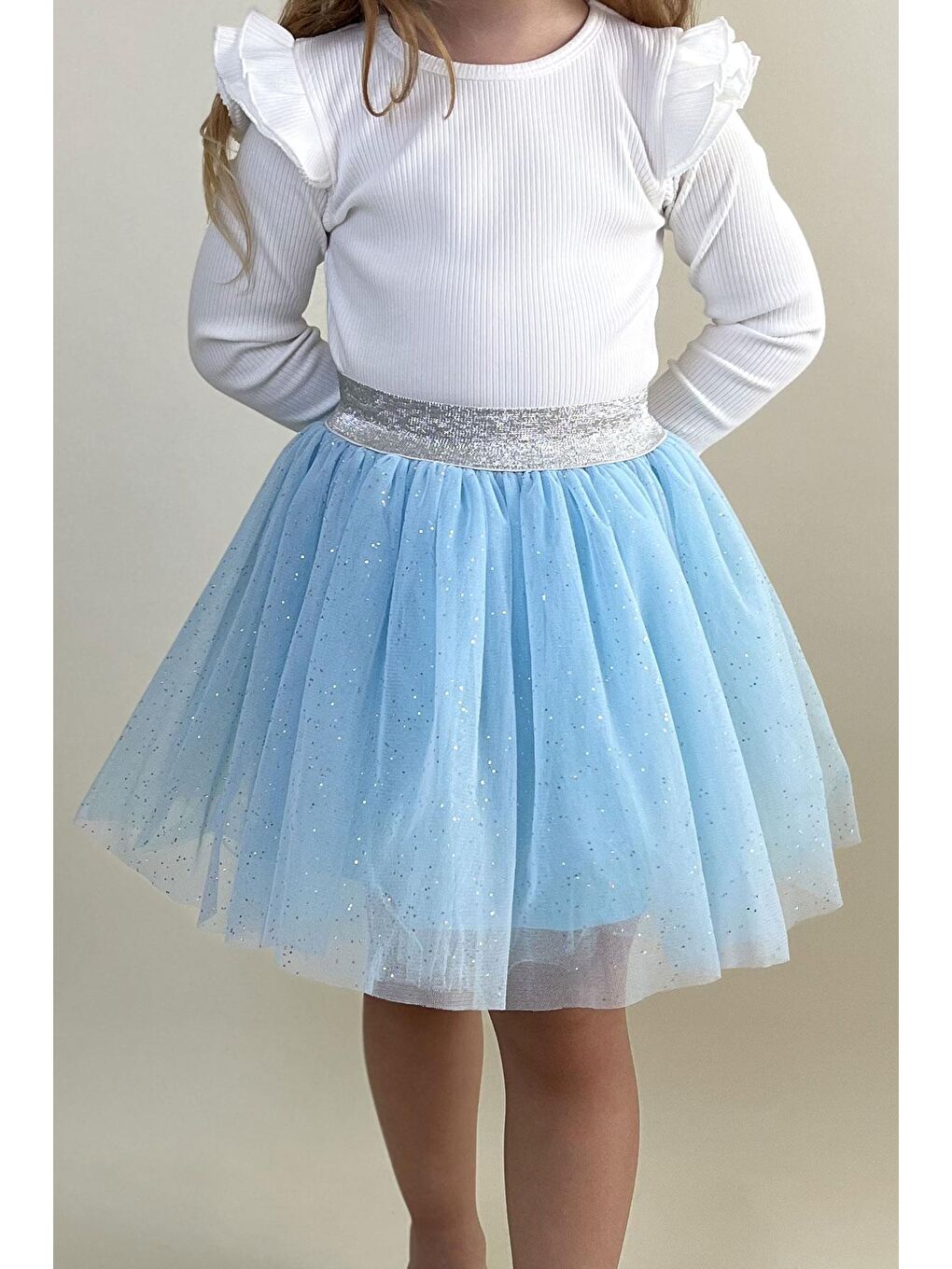 Kız Çocuk Tütü Etek Simli Beli Latikli Açık Mavi (5-10 Yaş)